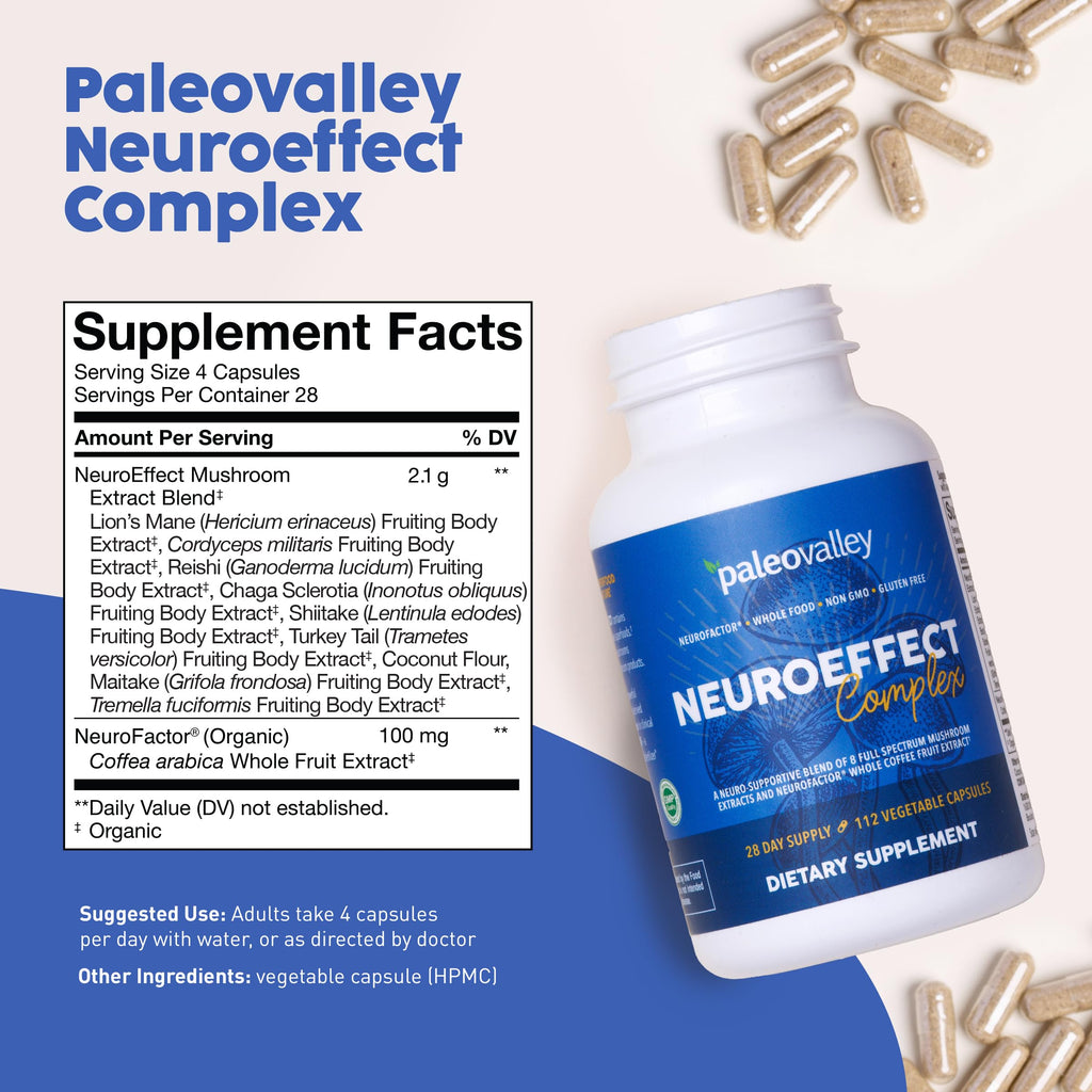 Paleovalley NeuroEffect - Neuro Mushroom Coffee Nutritional Supplement for Focus, Memory, and Energy Support - 28-Day Supply - 8 Full Spectrum Mushroom and Whole Coffee Fruit Extracts