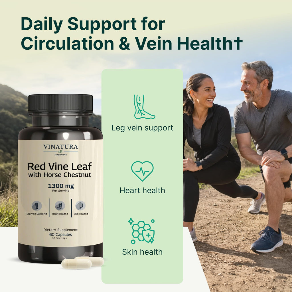 VINATURA Red Vine Leaf Extract - Horse Chestnut, 1300mg/serving, Circulation and Vein Support for Healthy Legs - Helps Blood Flow, Leg Circulation - 60 Capsules (30 Servings)
