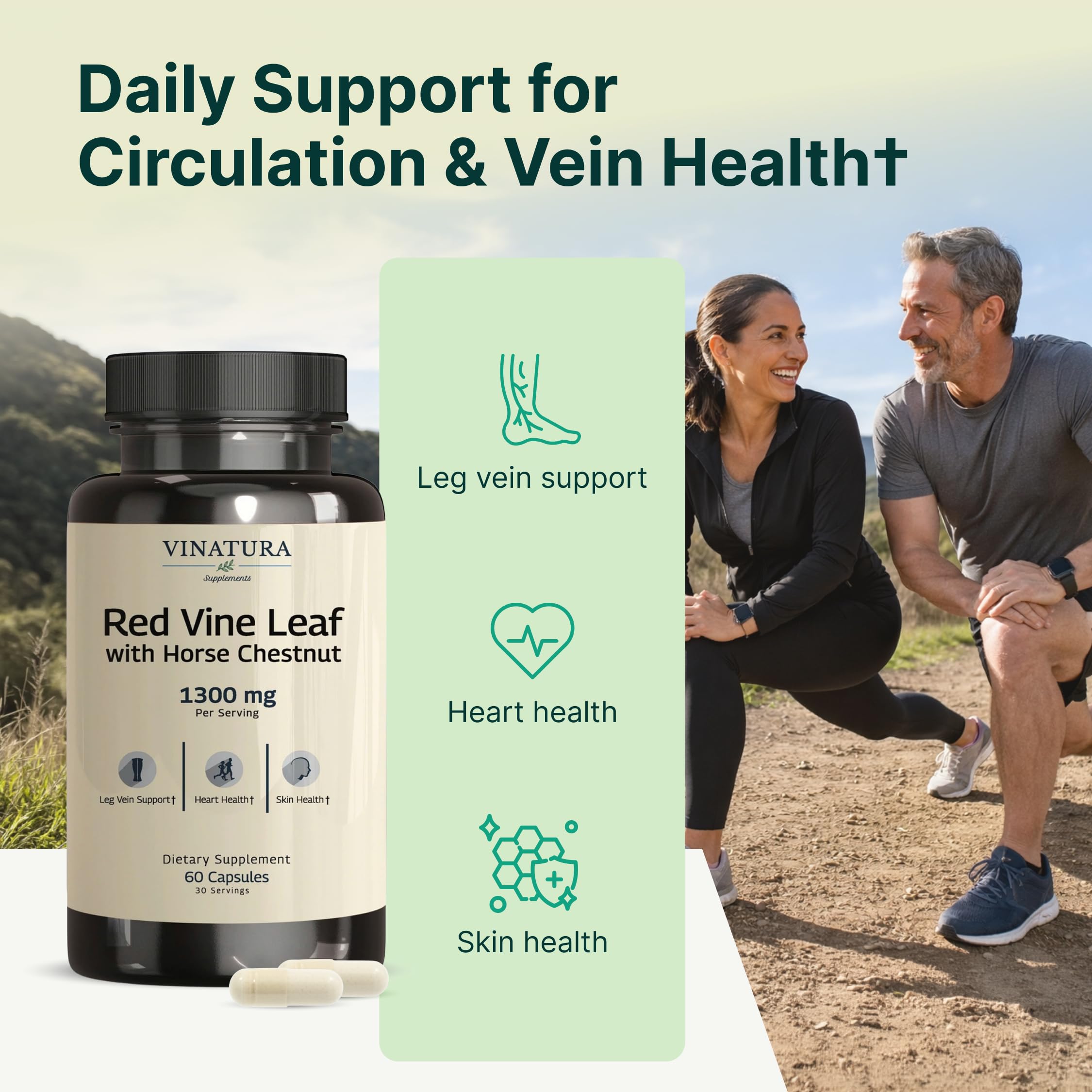 VINATURA Red Vine Leaf Extract - Horse Chestnut, 1300mg/serving, Circulation and Vein Support for Healthy Legs - Helps Blood Flow, Leg Circulation - 60 Capsules (30 Servings)