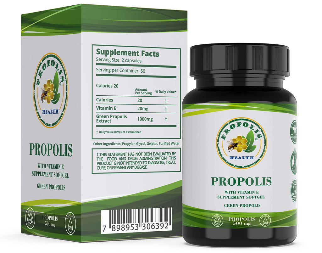 Propolis Health Propolis Capsules 1000mg-Daily with Vitamin E Per dose - Pure Brazilian Green Propolis Extract - Immune Booster 50 Days Supply -100 Capsules