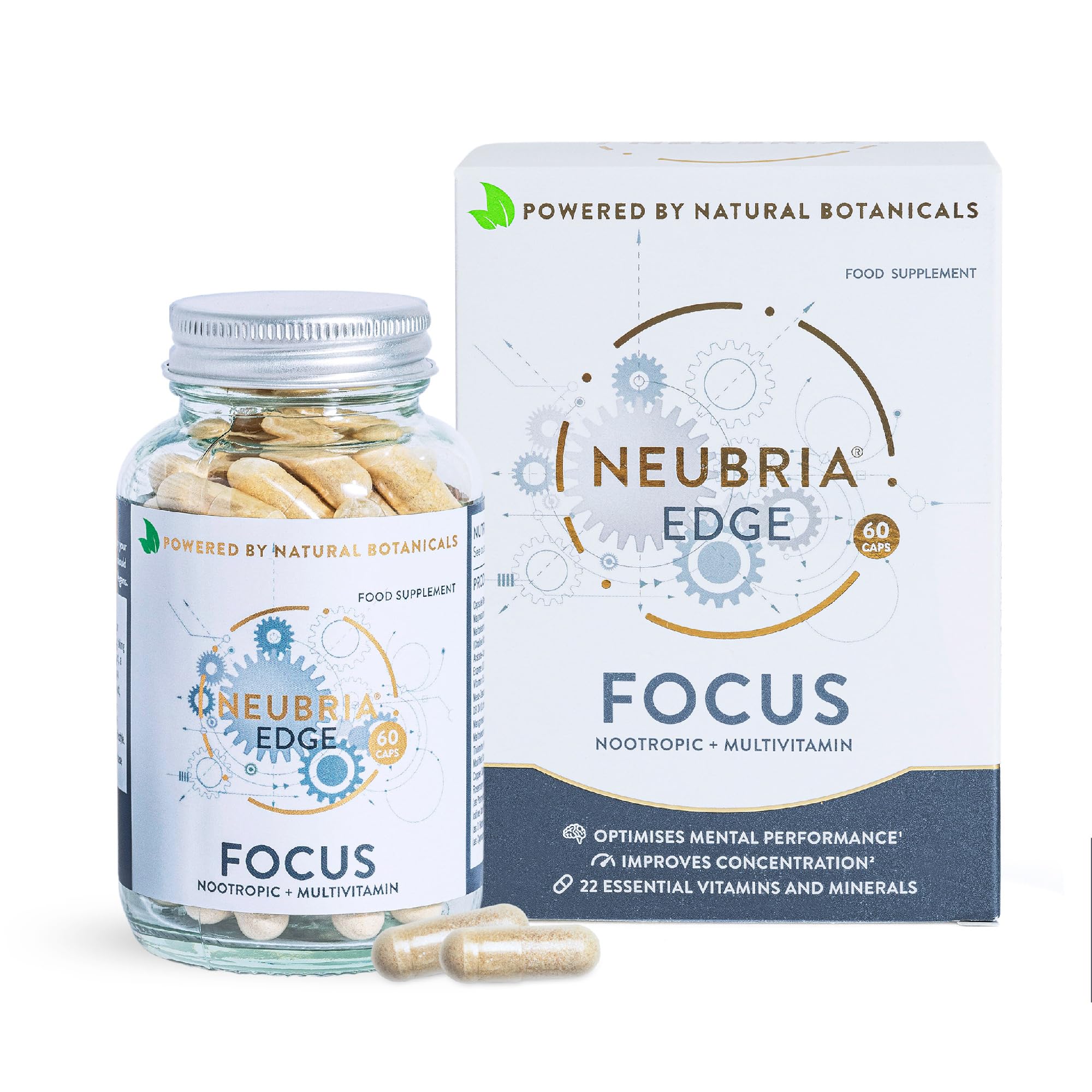 Neubria Edge Focus Formula Nootropic and Multivitamin, Helps to Improve Concentration and Focus with 22 Essential Vitamins and Minerals - 60 Capsules (one month's Supply)