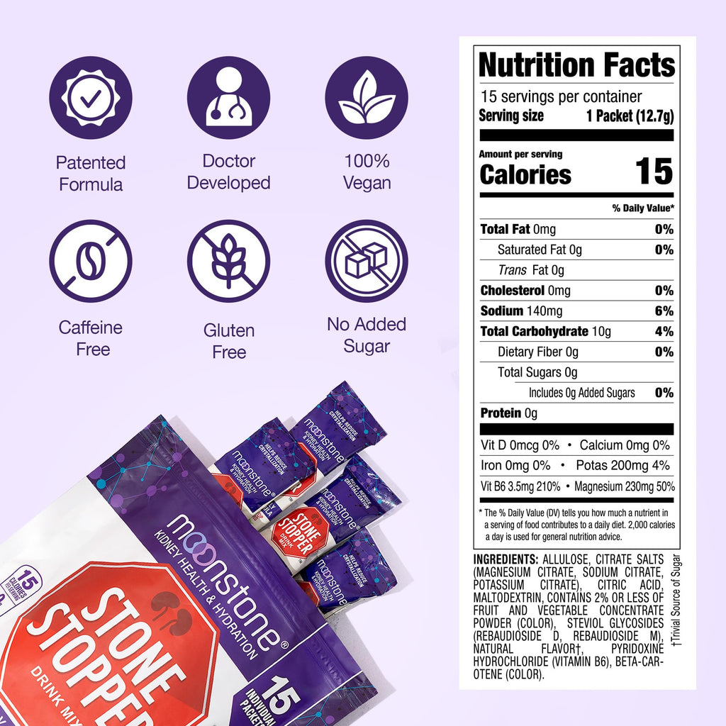 Moonstone Stone Stopper Drink Mix, Tropical, Kidney Stone Prevention, Calcium Oxalate Protector, Developed by Urologists to Improve Hydration and Support Kidney Health, 15 Day Supply