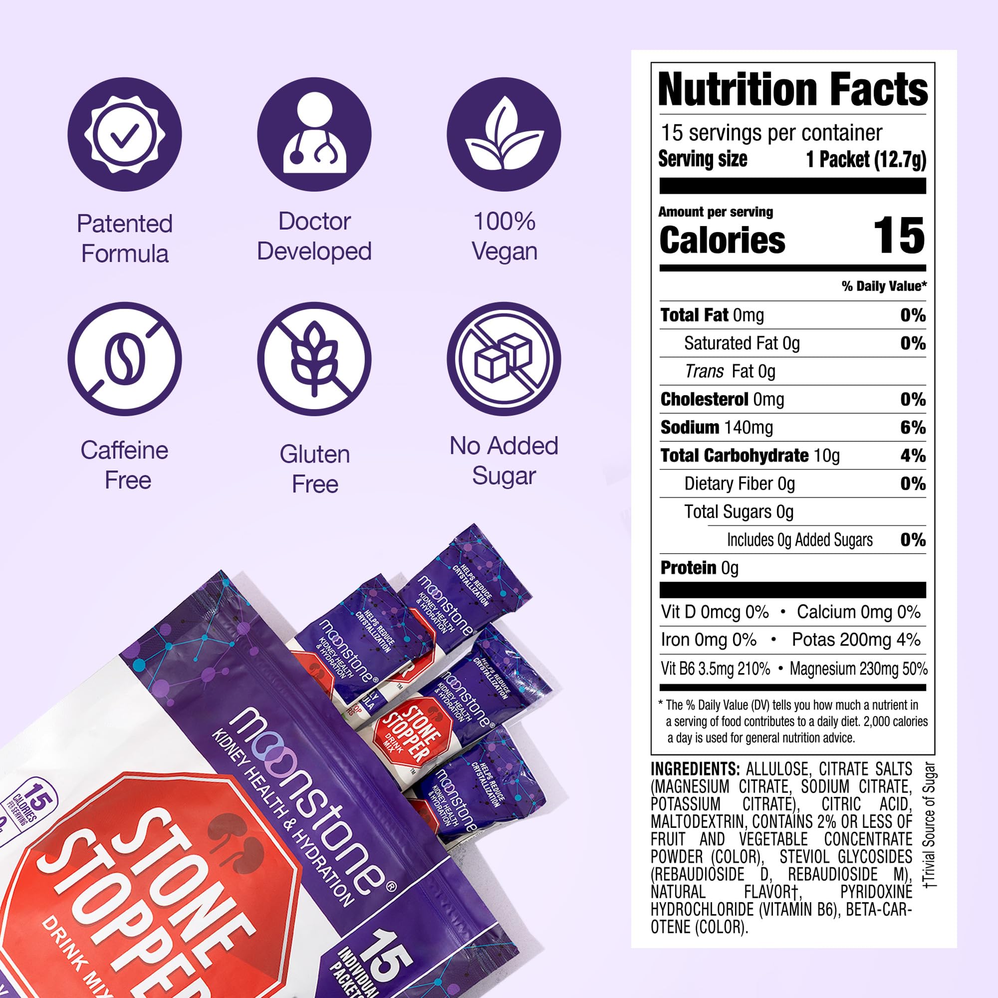 Moonstone Stone Stopper Drink Mix, Tropical, Kidney Stone Prevention, Calcium Oxalate Protector, Developed by Urologists to Improve Hydration and Support Kidney Health, 15 Day Supply