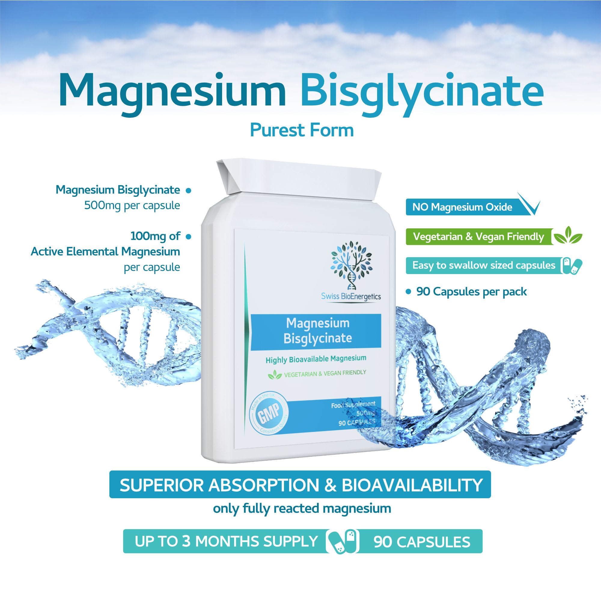 Magnesium Bisglycinate (Glycinate) 500mg - 90 Highly Bioavailable, Maximum Absorption Capsules for Better Sleep, Muscle and Nerve Support Vegan & UK Made