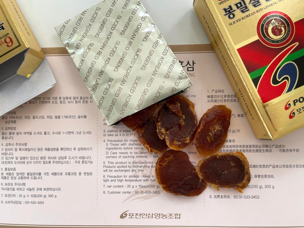 Pocheon 200g(20g x 10) 6Years Sliced Korean Panax Red Ginseng Root with Honey, Natural Immune Support