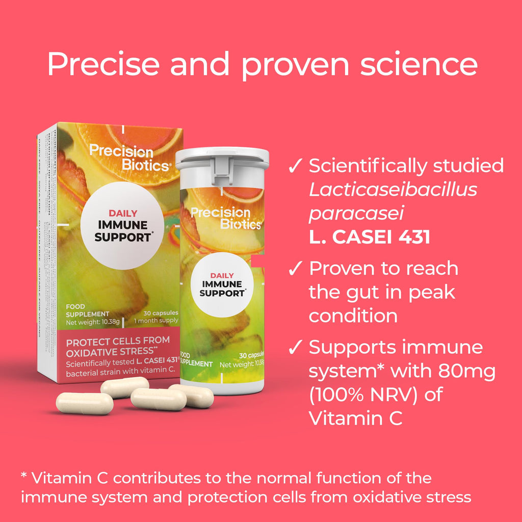 PrecisionBiotics Daily Immune Support - Daily Gut Health Probiotics Supplement - L.CASEI 431 Bacterial Culture Strains + Vitamin C - 30 Capsules
