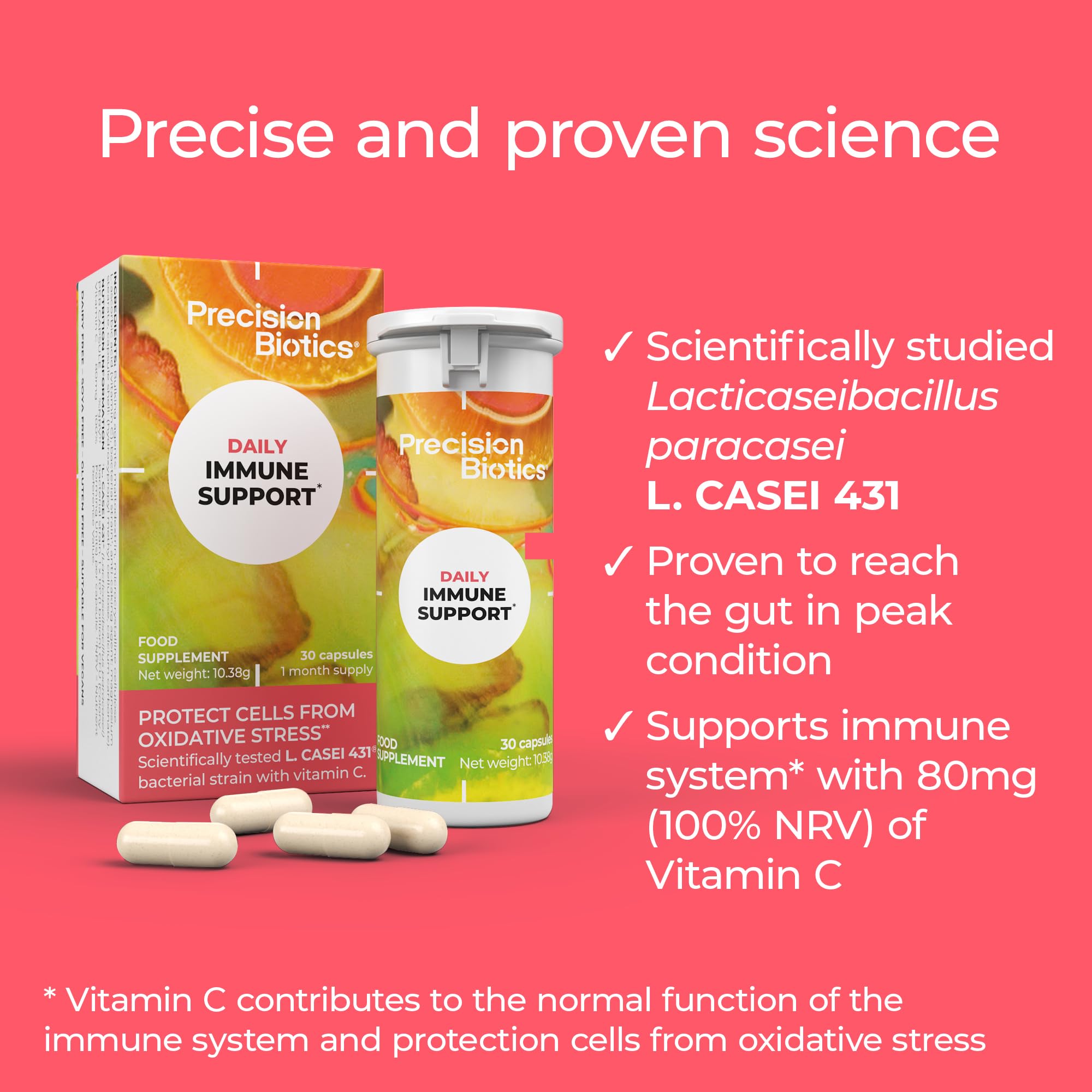 PrecisionBiotics Daily Immune Support - Daily Gut Health Probiotics Supplement - L.CASEI 431 Bacterial Culture Strains + Vitamin C - 30 Capsules