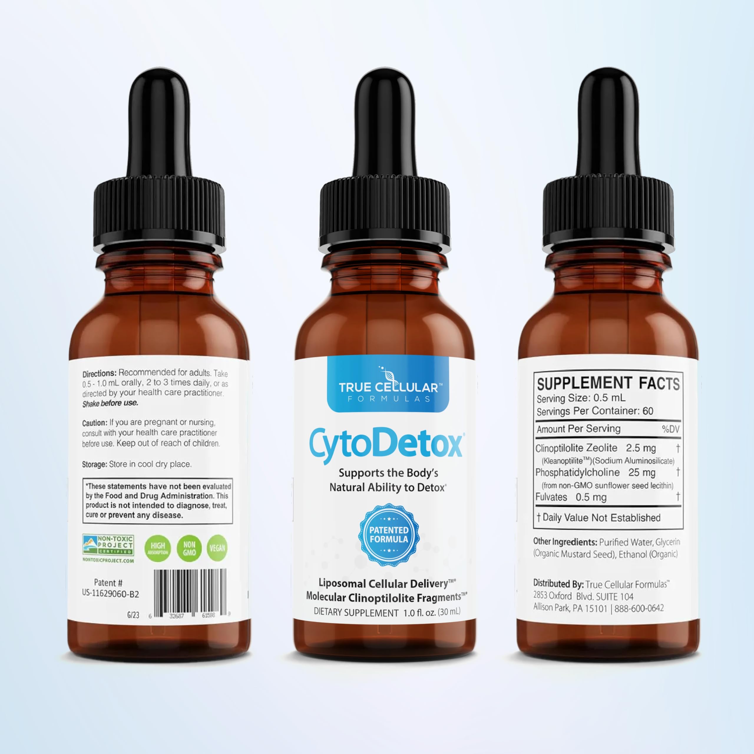 True Cellular Formulas CytoDetox Liposomal Zeolite Drops, Patented Purified Clinoptilolite with Fulvic Acid, Cellular Detox Support & Gentle Heavy Metal Binder, Liquid Supplement, 1 fl oz