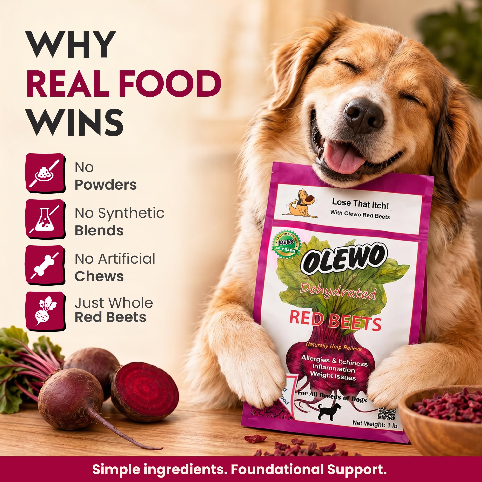 Olewo Original Red Beets for Dogs – Internal Support Dog Food Topper for Skin Sensitivity and Overall Balance, Prebiotic Fiber and Whole Food Nutrients, 5.5 lbs