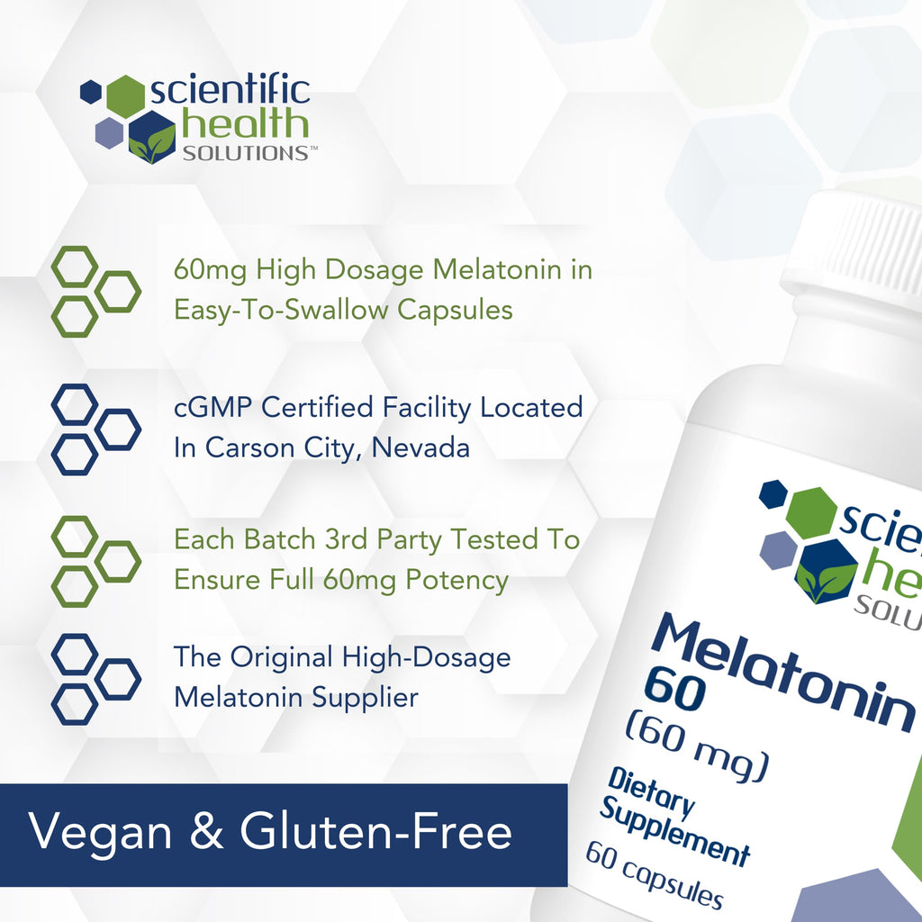 Scientific Health Solutions Melatonin 60mg | High Dosage Melatonin in Easy-to-Swallow Capsules | Vegan, Non-GMO & Gluten-Free | US-Made Extra Strength (Single)