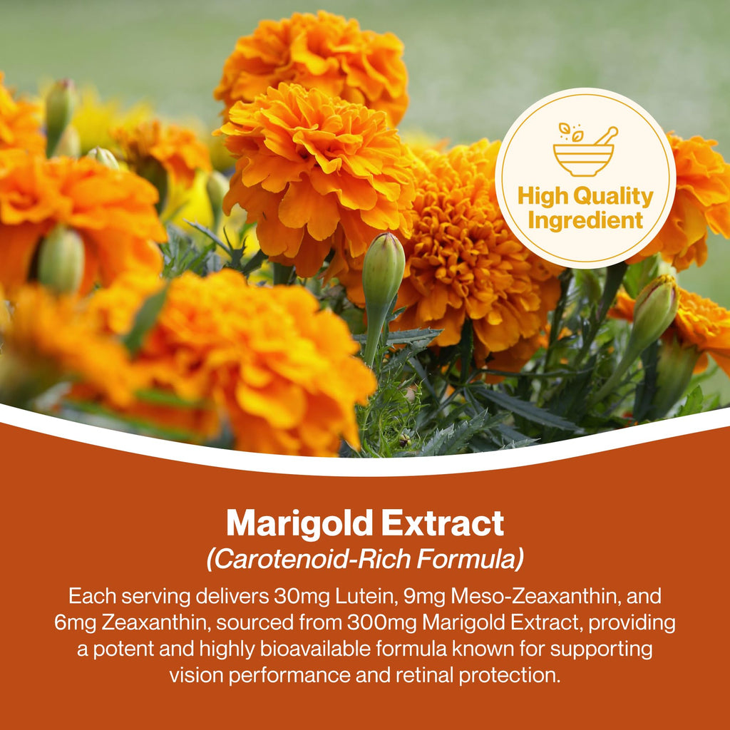 Hepatica Lutein | 30 mg, Zeaxanthin 6 mg & Meso-Zeaxanthin 9 mg | from Marigold Extract 300 mg | 120 Vegan Capsules | Tagetes erecta | GMP & 3rd Party Lab Tested