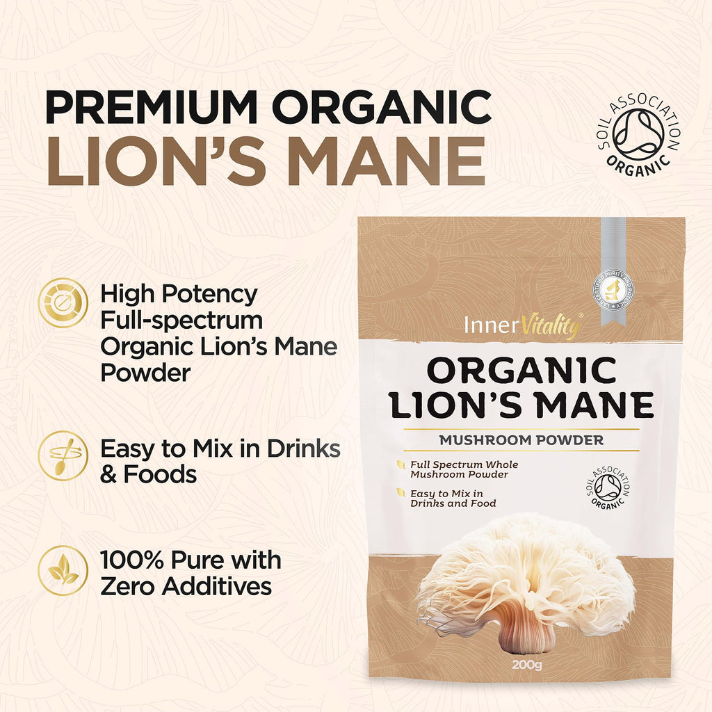 Organic Lions Mane Mushroom Powder, Natural High Strength Full-Spectrum