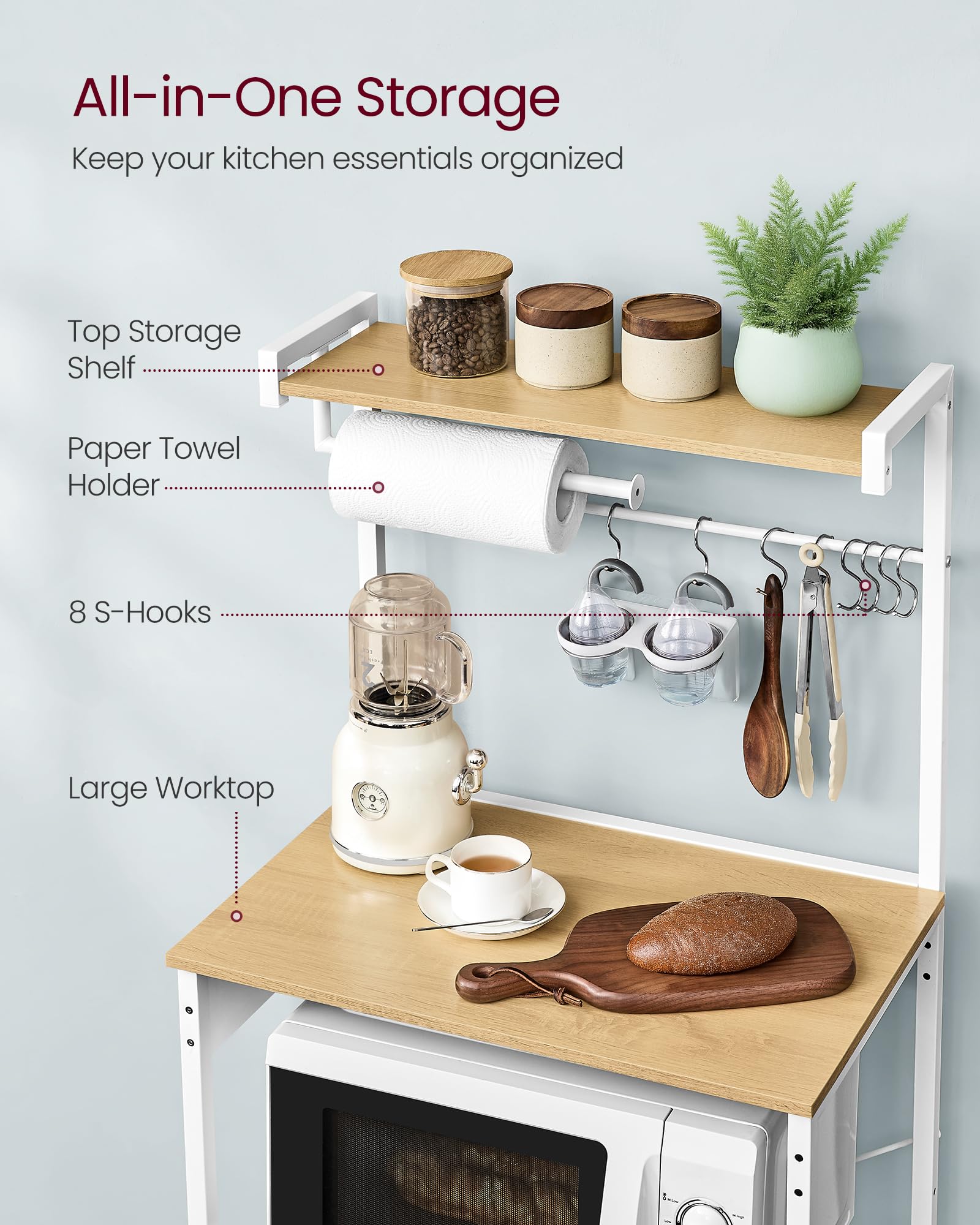 VASAGLE UKKS014Y01V1 Kitchen Bakery Shelf with Power Outlet, 4 Tier with 8 S Hooks, Adjustable Shelf for Small Spaces, Golden Oak and Cloud White