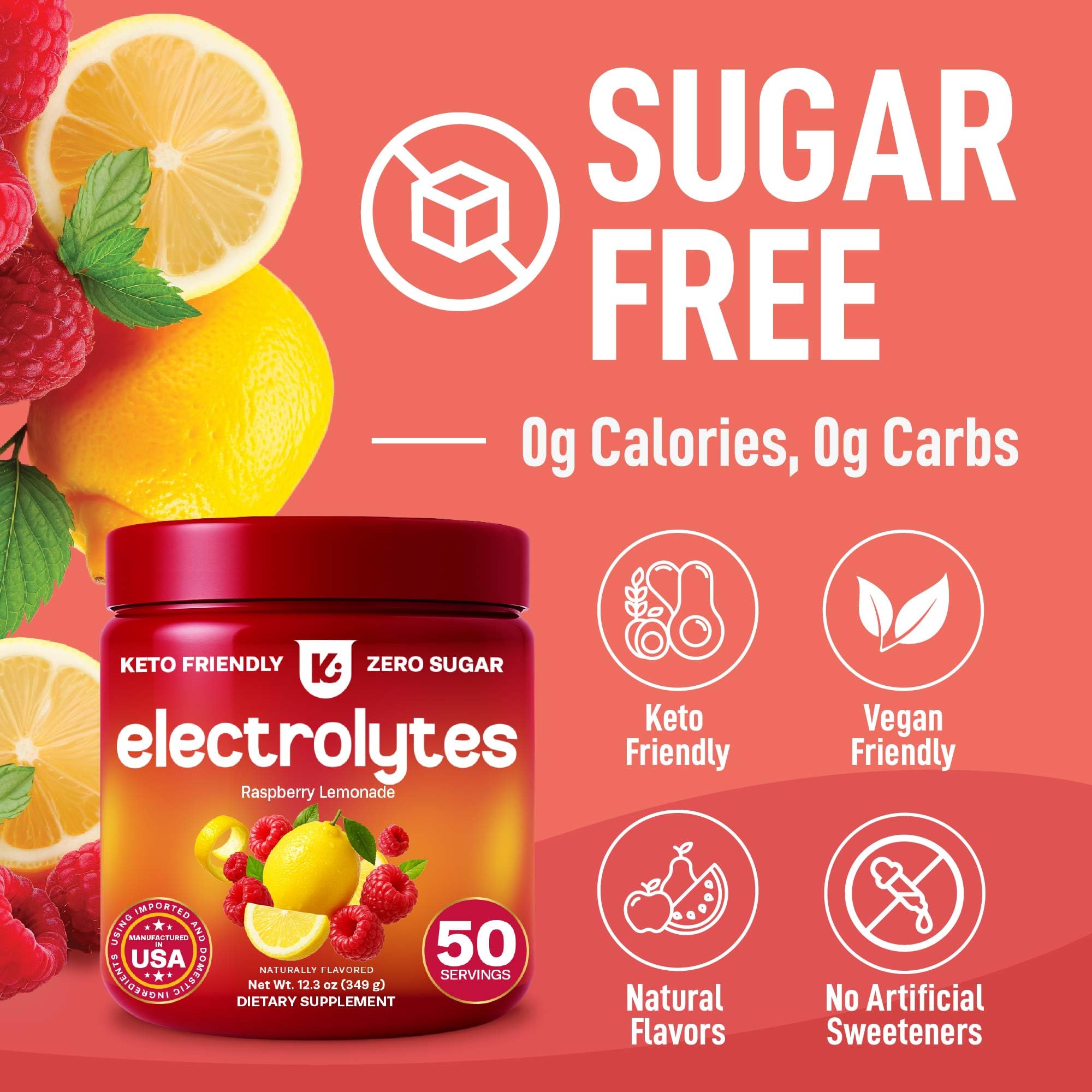 Keppi Electrolytes Powder – Raspberry Lemonade Flavor 50 Servings – No Sugar Hydration Supplement with Magnesium, Potassium, Sodium – Keto, Vegan, Fasting-Friendly, Zero Calorie Electrolyte Drink