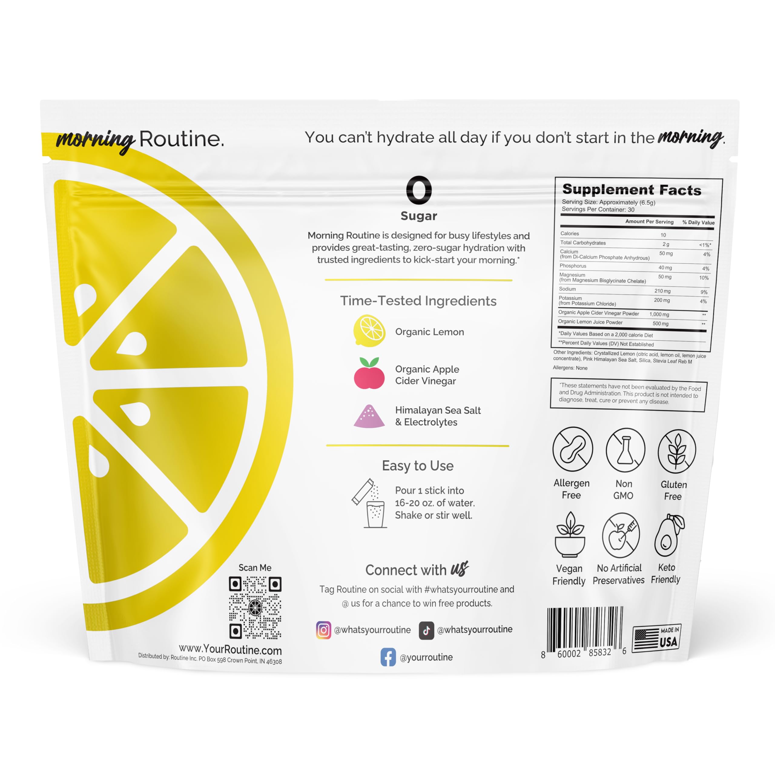 ROUTINE Morning Daily Hydration | Electrolyte Powder Packets | Lemon, Apple Cider Vinegar & Sea Salt Drink Mix | Sugar-Free, Keto & Paleo-Friendly | 3rd-Party Tested Electrolyte Drink Mix, 30 Sticks