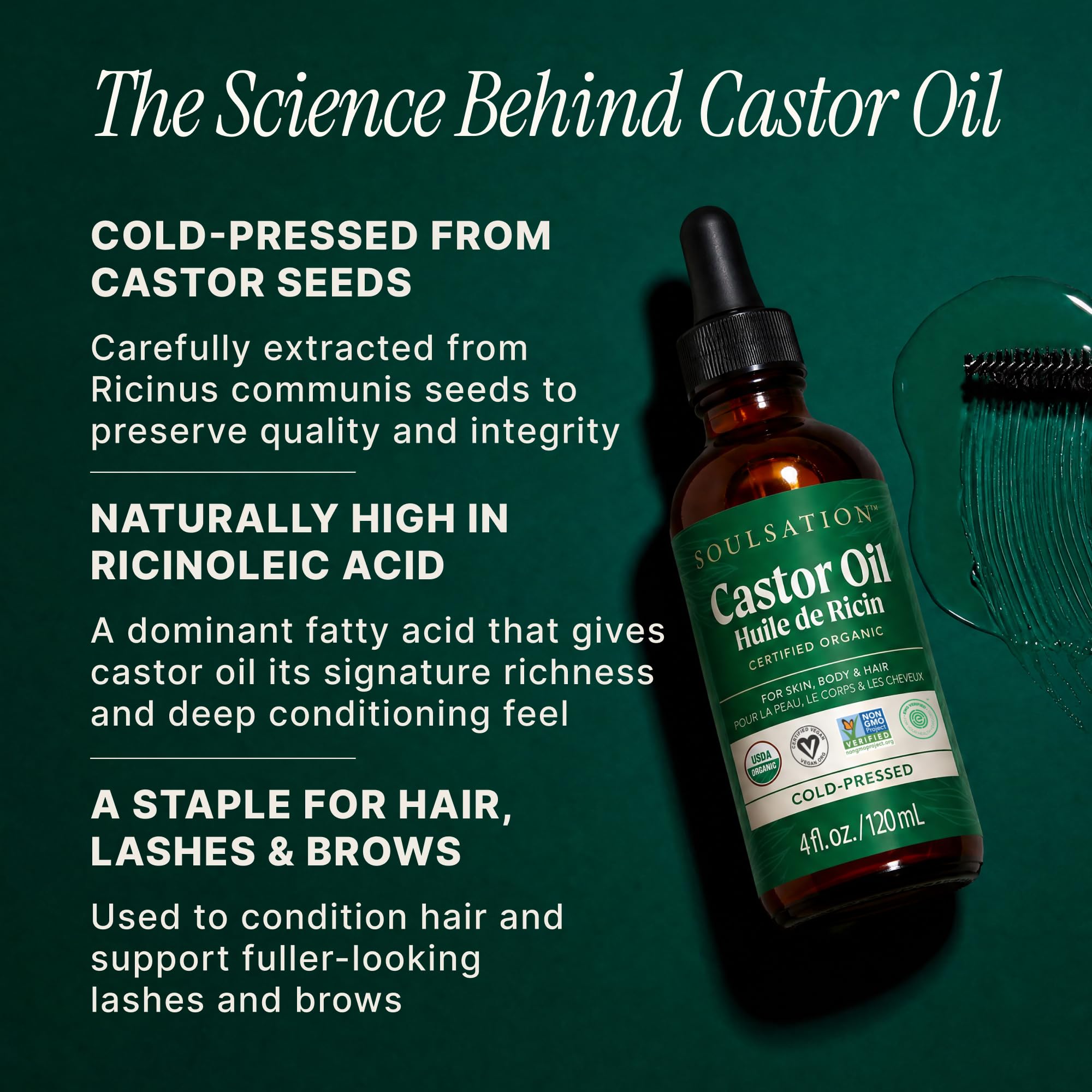 SOULSATION Organic Castor Oil 100% Pure (4oz) - For Eyelashes, Eyebrows, Face, Hair & Skin - Cold Pressed Unrefined Glass Bottle