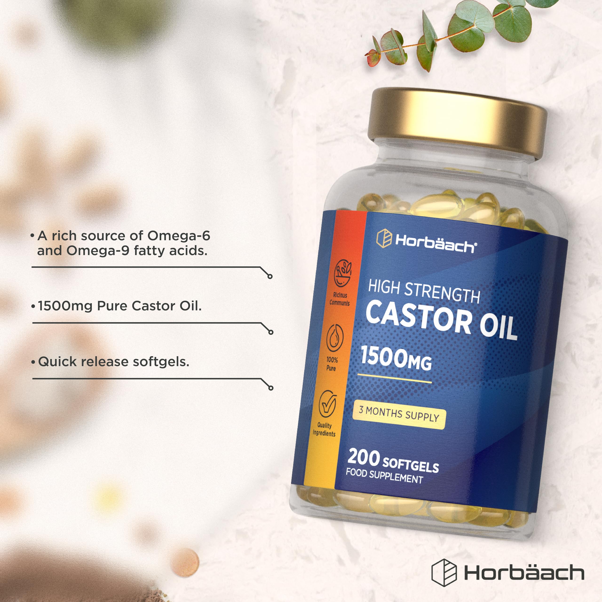 Castor Oil Capsules 1500mg | 200 Softgel Capsules | Digestive Health | Rich in Omega 6 & 9 | Pure Castor Oil Supplement | By Horbaach