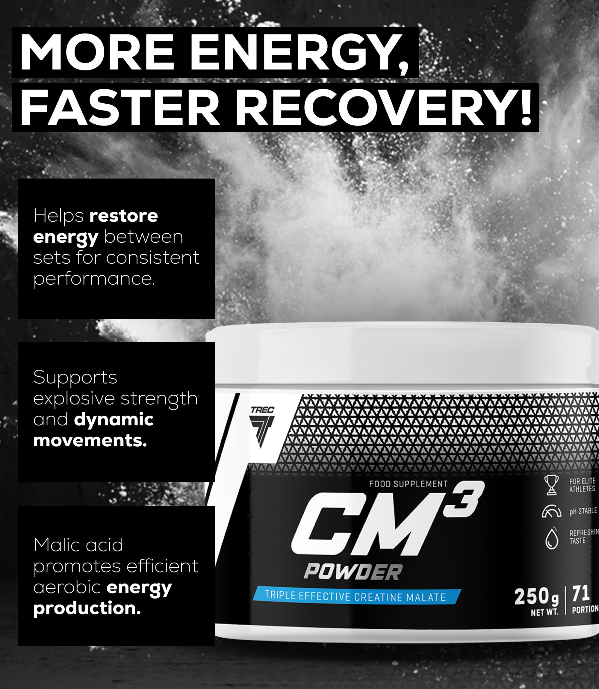 Trec Nutrition CM3 Tri-Creatine Malate Powder for Performance and Muscle Power | 6650 mg Creatine Per Serving | Made in EU (250g, Pink Grapefruit)