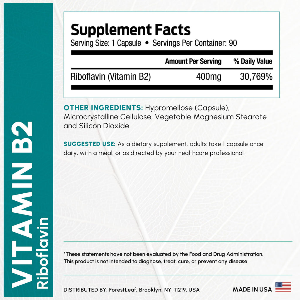 Vitamin B2 Riboflavin 400mg - Energy, Skin & Cellular Health Supplement - Nervous System Support - Vitamin B 2 Vit B - Non-GMO & Gluten Free - B2 Vitamin 400mg Vegetable Capsules, 90 Count 2-Pack