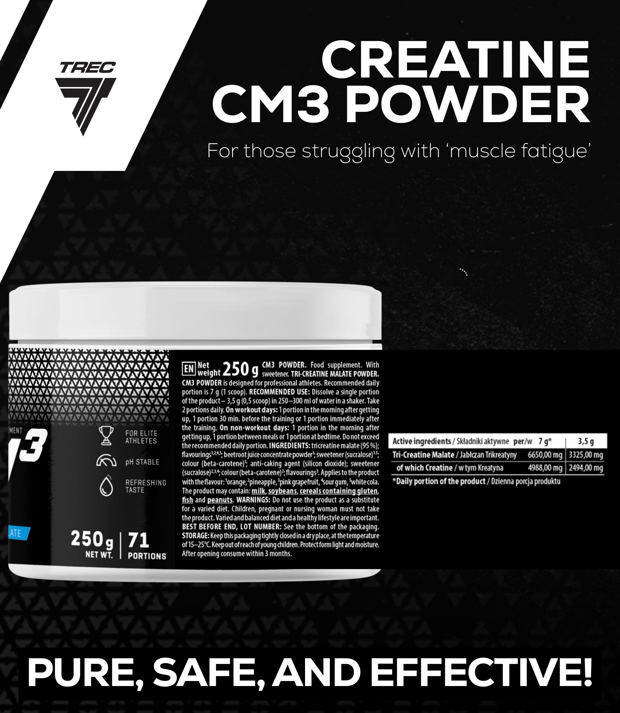 Trec Nutrition CM3 Tri-Creatine Malate Powder for Performance and Muscle Power | 6650 mg Creatine Per Serving | Made in EU (250g, Pink Grapefruit)