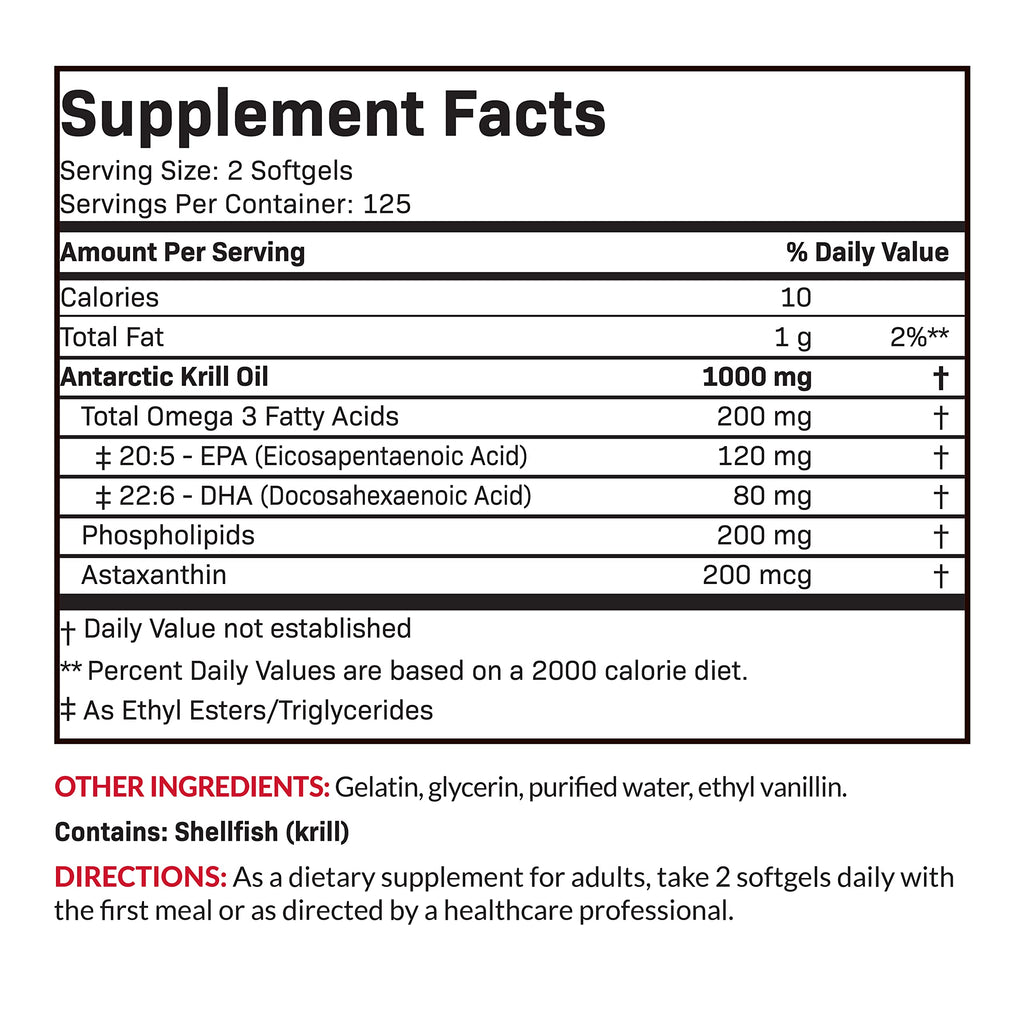 Futurebiotics Antarctic Krill Oil 1000mg with Omega-3s EPA, DHA, Astaxanthin and Phospholipids - 100% Pure Premium Krill Oil Heavy Metal Tested, Non GMO – 250 Softgels (125 Servings)