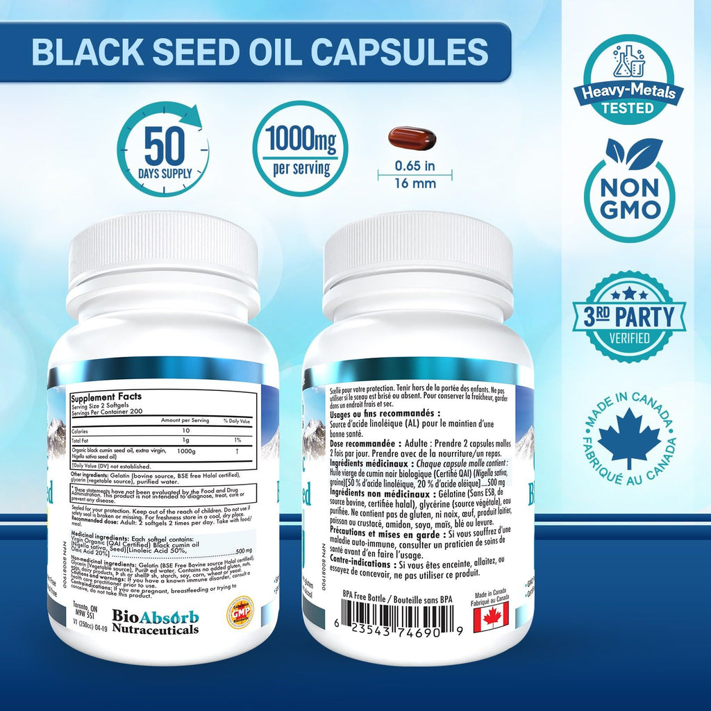 Bio Absorb Black Seed Oil Capsules, 1000mg per Serving, Cold Pressed