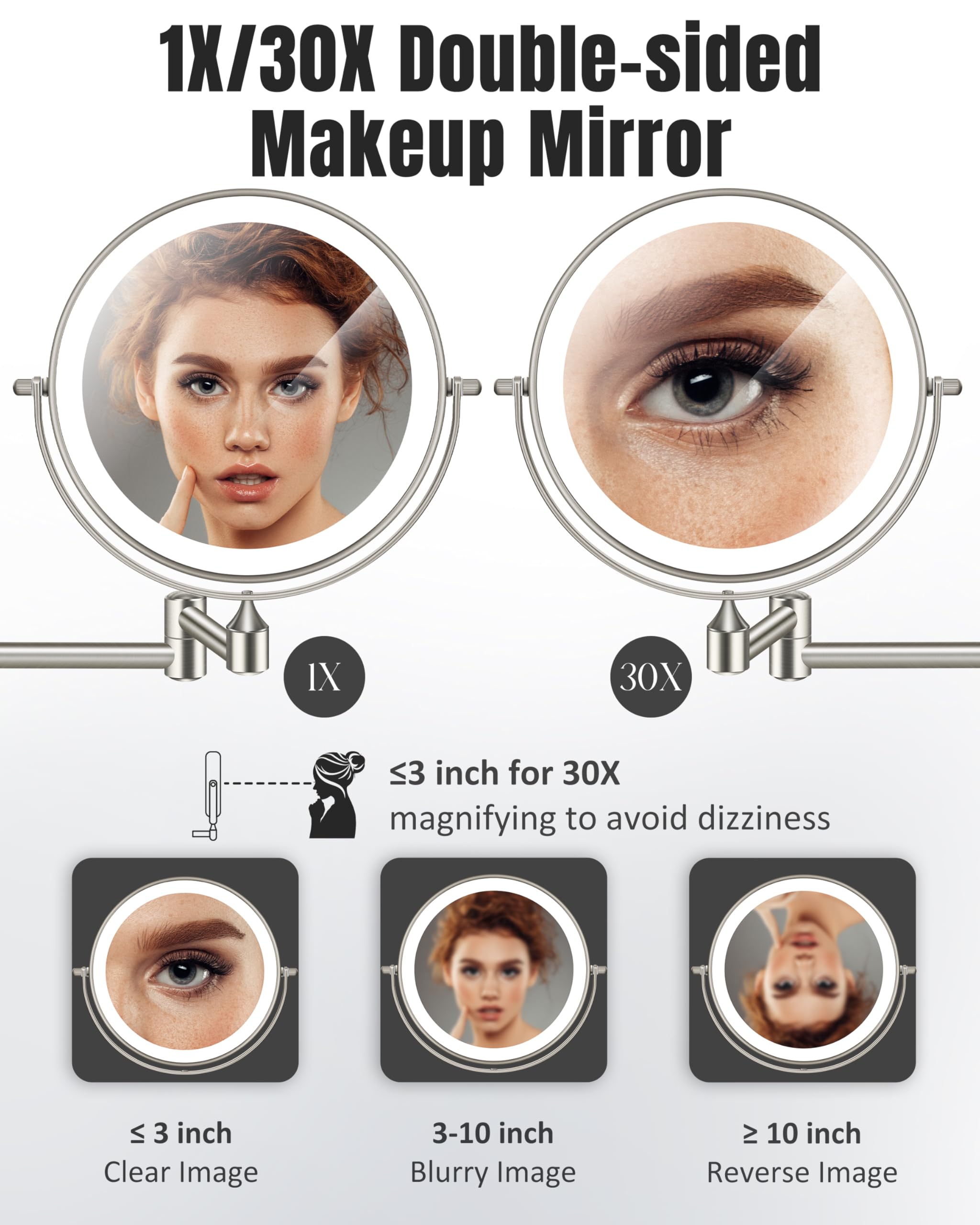 Wall Mounted Makeup Mirror with Light, 30X/1X 8'' Double Sided LED Magnifying Bathroom Lighted Vanity Mirror with Magnification, 3 Color Light up Touch Dimmable Extended Arm 360 Rotation