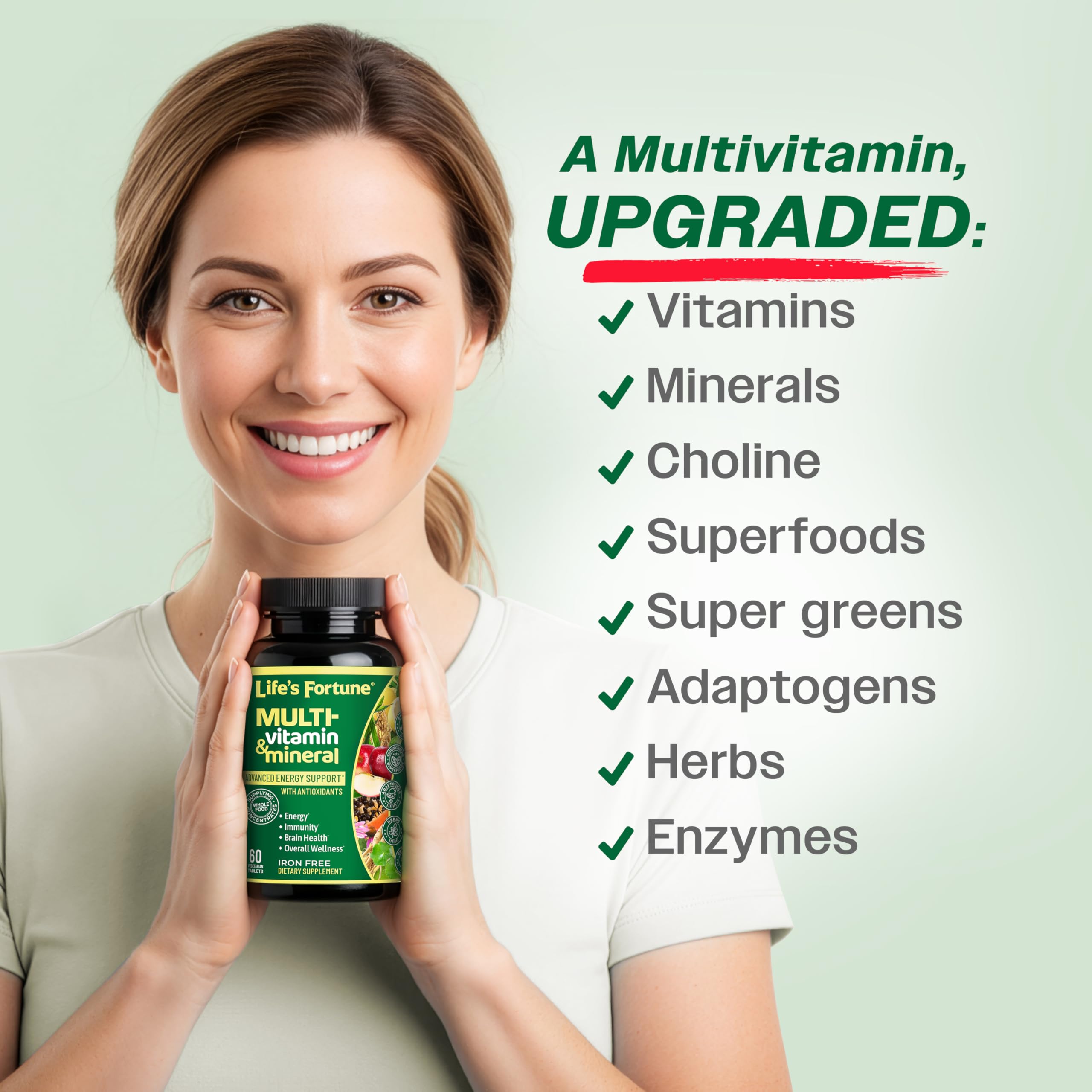Life's Fortune Whole Food Multivitamin & Mineral Supplement for Men & Women | Daily Energy Support Vitamins | Immune, Brain & Metabolism Support | Iron Free, 60 Vegetarian Tablets
