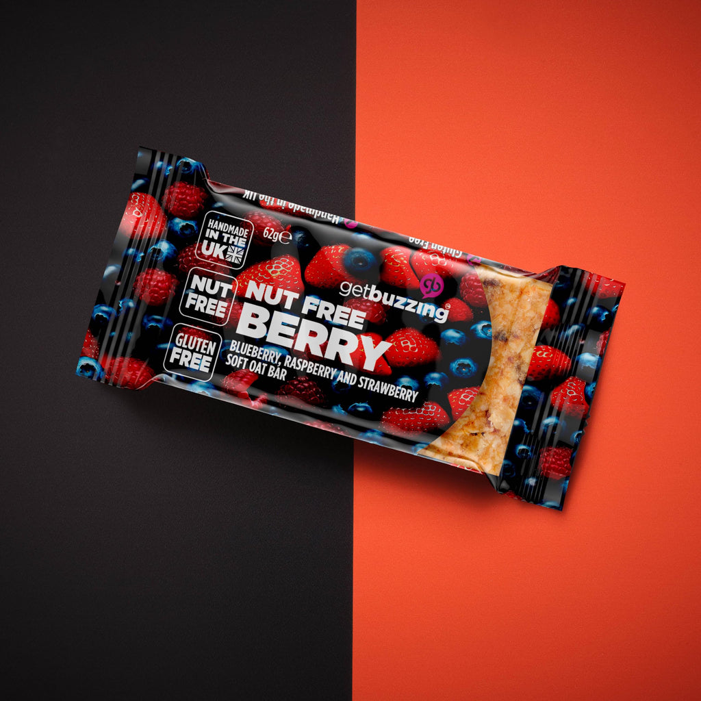 Get Buzzing Flapjacks Packs of 3 (3 Pack, Berry) - Gluten and Nute free, 62 gram bars x 3, Made in the UK