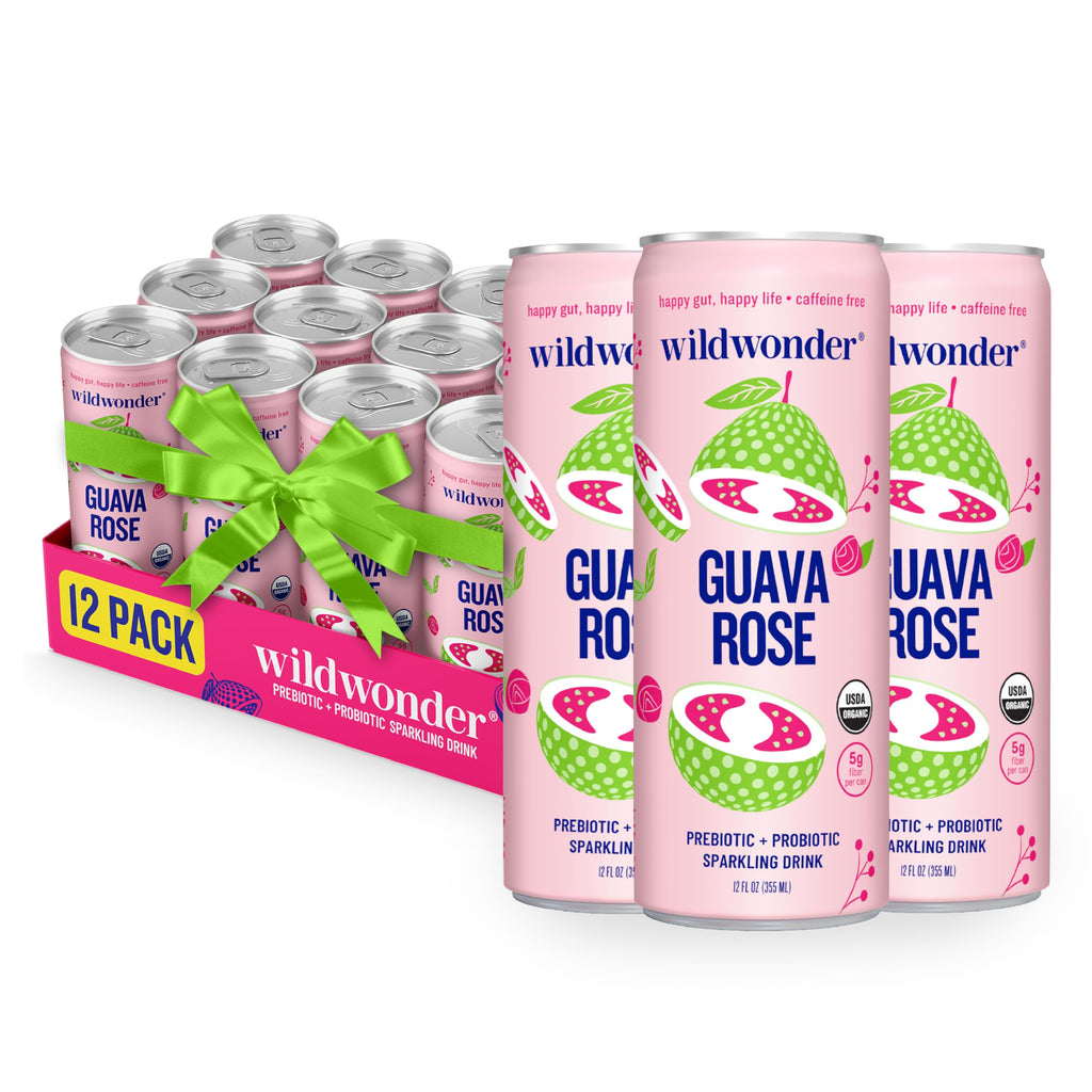 wildwonder Sparkling Probiotic Drink 12pk, for Gut Health & Immune Support, Guava Rose, 5 G Prebiotic Fiber, Live Probiotics, Organic, Vegan, Low Sugar, 12 Pack, 12 Oz Can, As Seen on Shark Tank