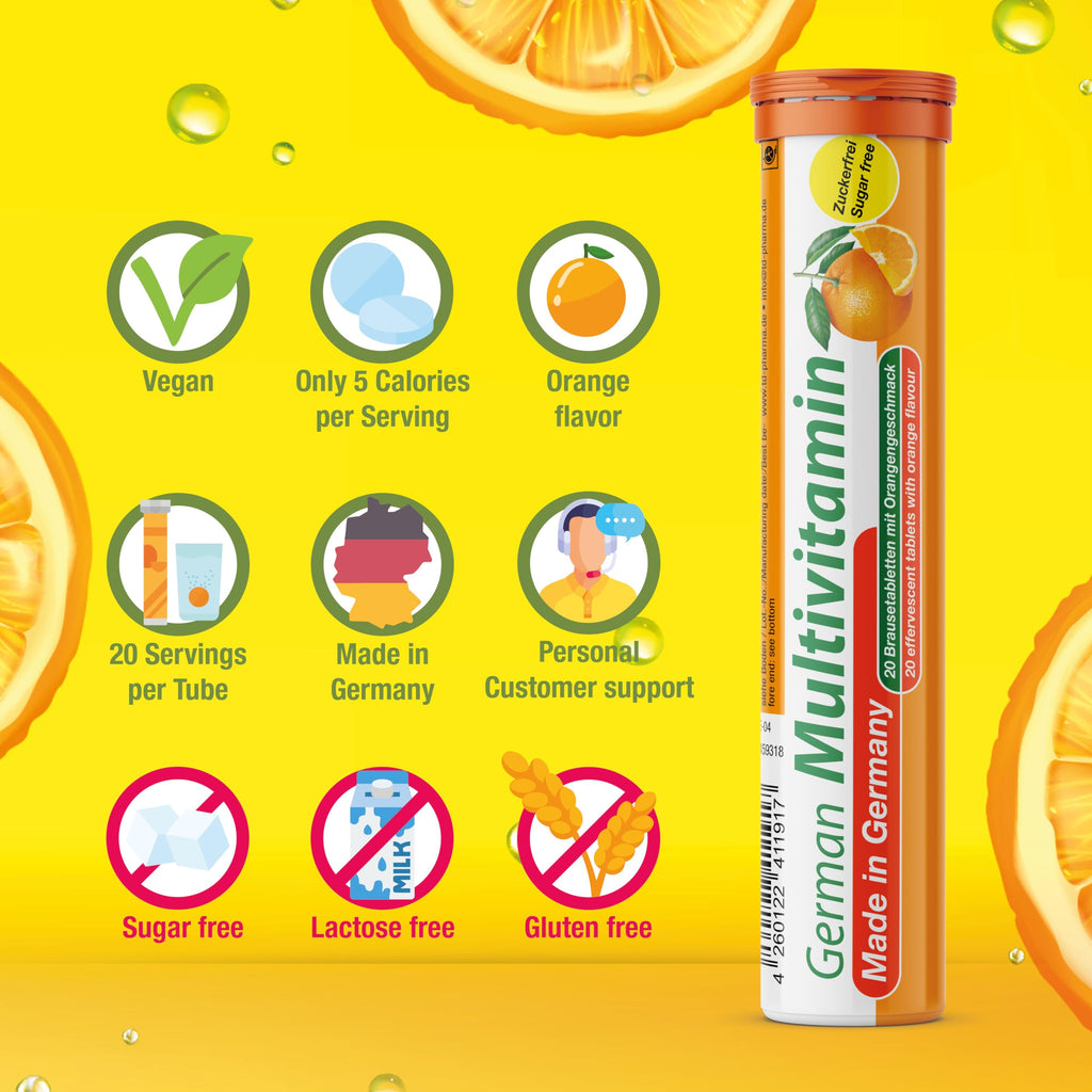 T&D German Vitamin, Minerals - 100 Vegan/Vegetarian Drink Effervescent Tablets - Mixed Fruit Flavor Box - Made in Germany