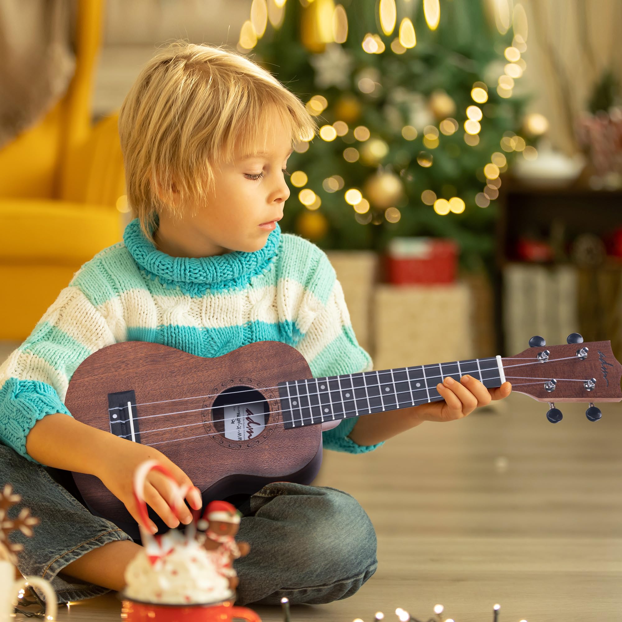 ADM Ukulele Beginner Kit Mahogany Hawaiian Wood Ukelele Bundle Ukalalee Set with Uke Free Starter Lessons for kids Students and Adults, Yellow Brown (Khaki, 21 inch)