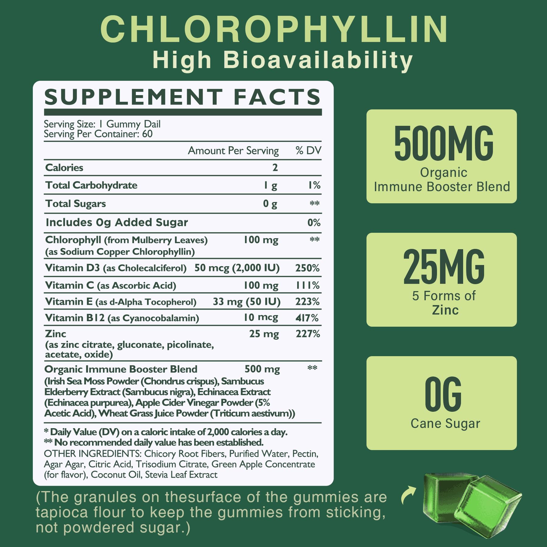 Chlorophyll Gummies - Super Green with Wheat Grass, Sea Moss, Unfiltered ACV & Elderberry, Echinacea, Zinc Complex & Vitamin D3, C, E, B12 for Natural Deodorant, Immune & Digestion Support, Pack of 2