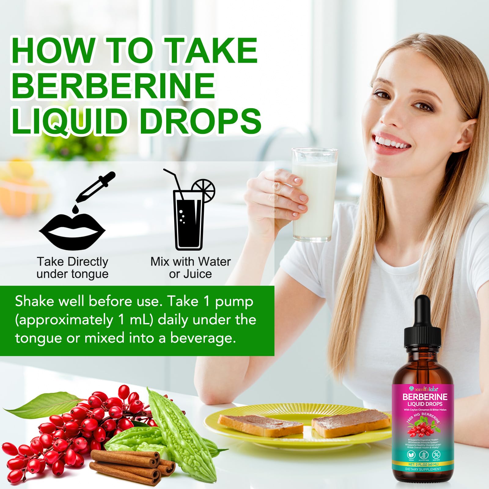Berberine Supplement Liquid Drops, High Strength Berberine Liquid Drops with Ceylon Cinnamon, Bitter Melon, Immune and Digestive Support, Pineapple Flavor - Vegan & Sugar-Free, 60ml