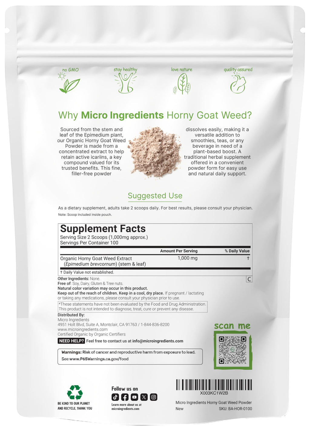 Maximum Strength Organic Pure Horny Goat Weed with Active Icariins for Men and Women, 100 Grams, Organic Epimedium Powder for Energy and Immune System Booster, Filler Free and Vegan Friendly