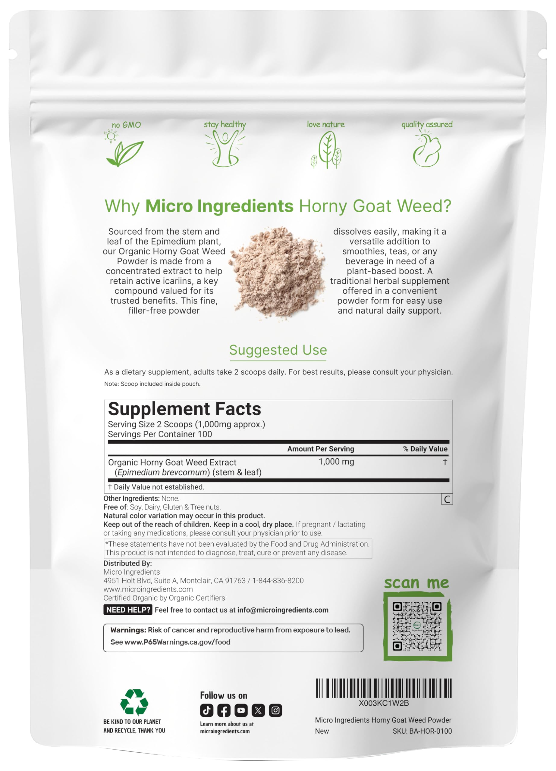 Maximum Strength Organic Pure Horny Goat Weed with Active Icariins for Men and Women, 100 Grams, Organic Epimedium Powder for Energy and Immune System Booster, Filler Free and Vegan Friendly