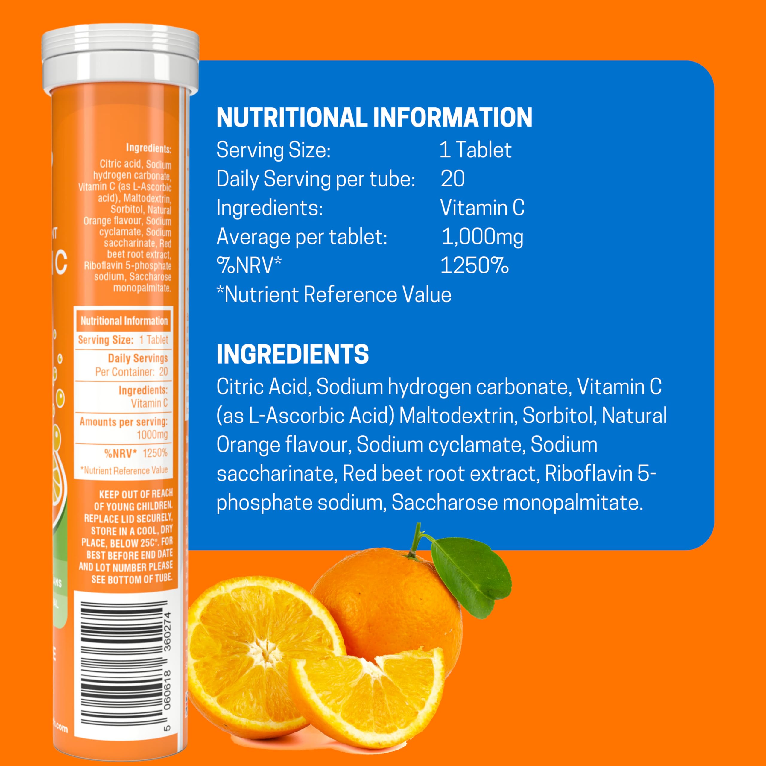 Effervescent Vitamin C Tablets, 20 Orange Flavoured Tablets, High Strength, Immune Support, Essential for Normal Collagen Formation, Vegan, Made by Northumbria Health