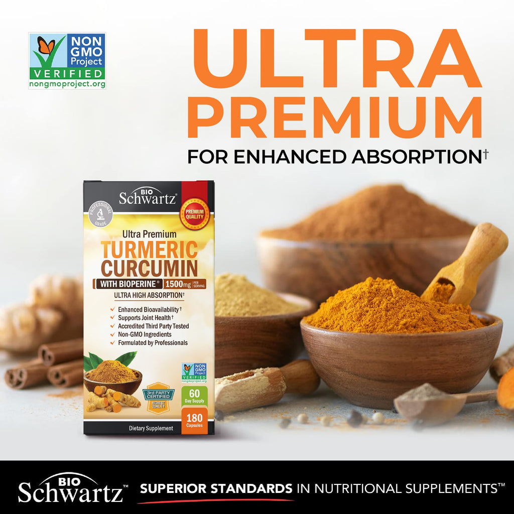 Turmeric Curcumin with Black Pepper Extract 1500mg - High Absorption Ultra Potent Turmeric Supplement with 95% Curcuminoids and BioPerine - Non GMO Tumeric Capsules for Joint Support - 180 Capsules