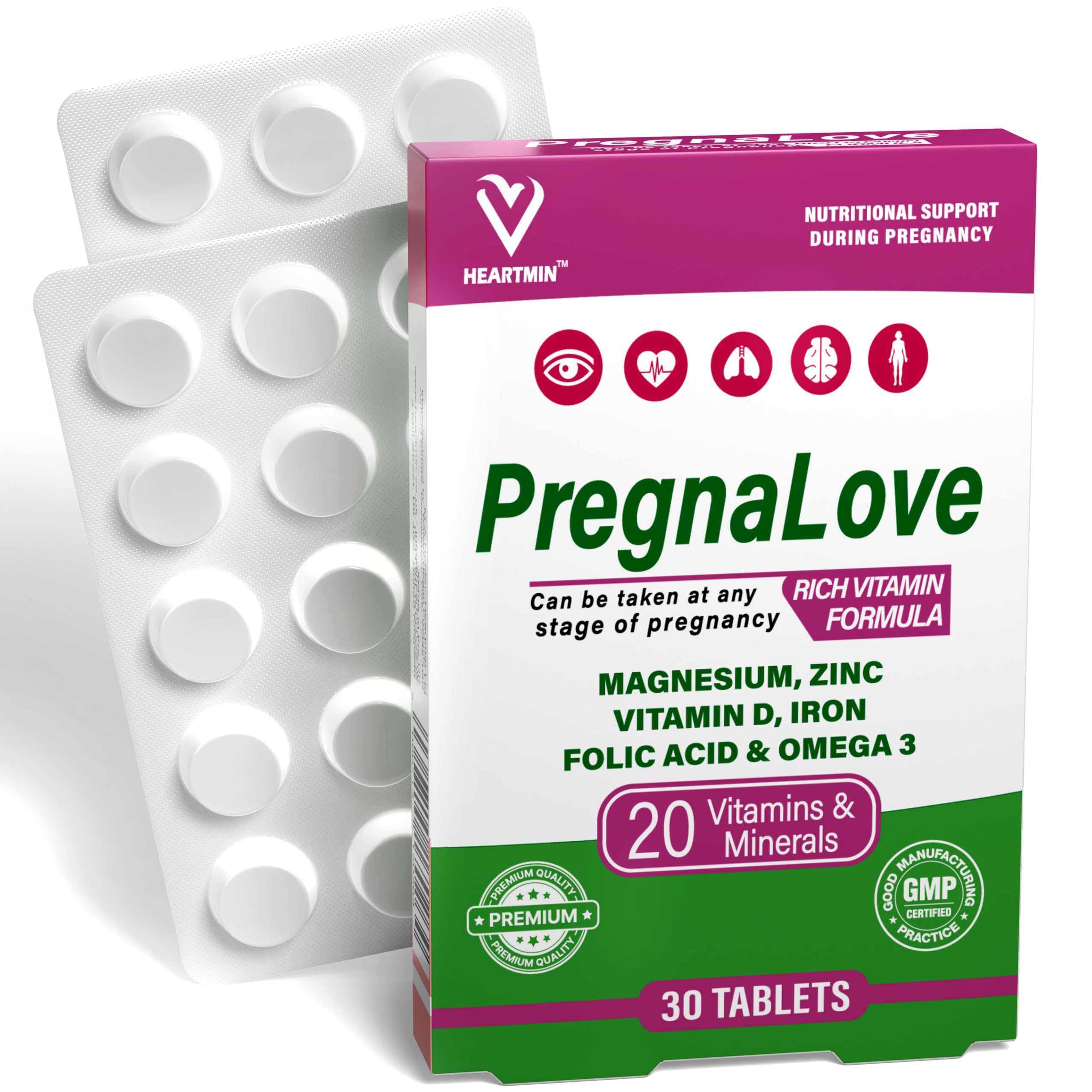 PregnaLove Original Pregnancy Support Vitamins Tablets - Conception & Fertility Prenatal Care for Women, Supplement with Added Omega-3, Zinc, Vitamin D & Iron