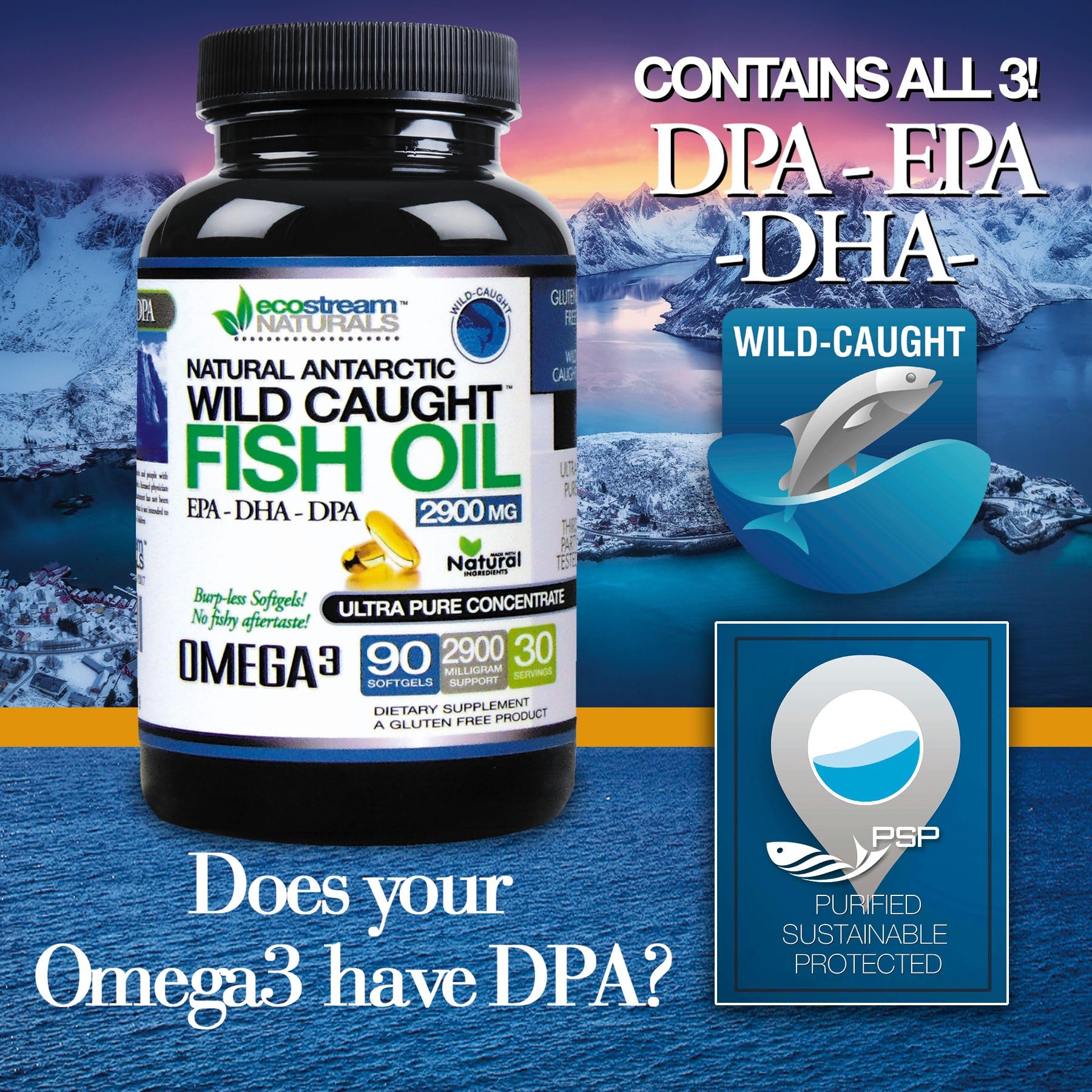 2 Pack, Wild Caught Omega 3 Fish Oil with DPA-EPA-DHA 2,900 MG Burpless