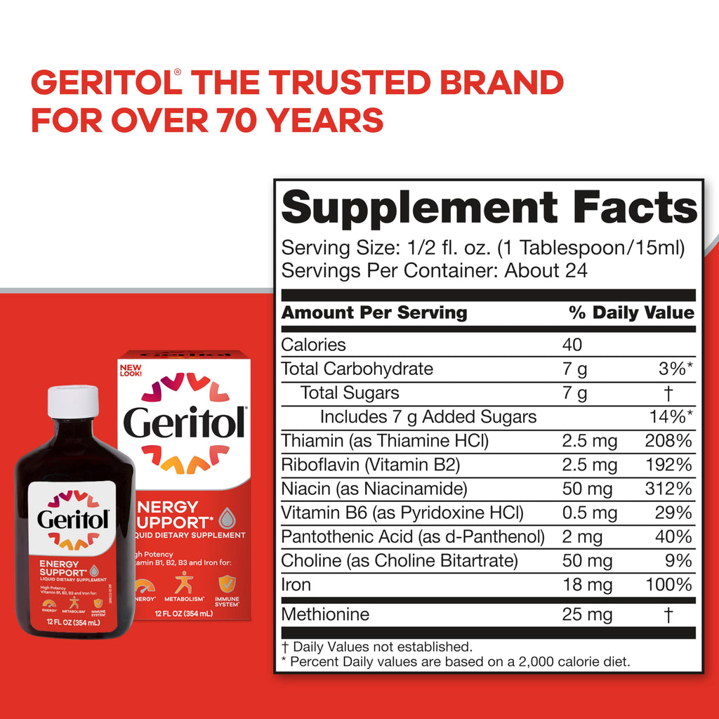 Geritol Liquid Vitamin and Iron Supplement, Energy Support Vitamins, Contains High Potency B-Vitamins and Iron, Easy to Swallow, No Artificial Sweeteners, Non-GMO, 12 Oz (Pack of 3)