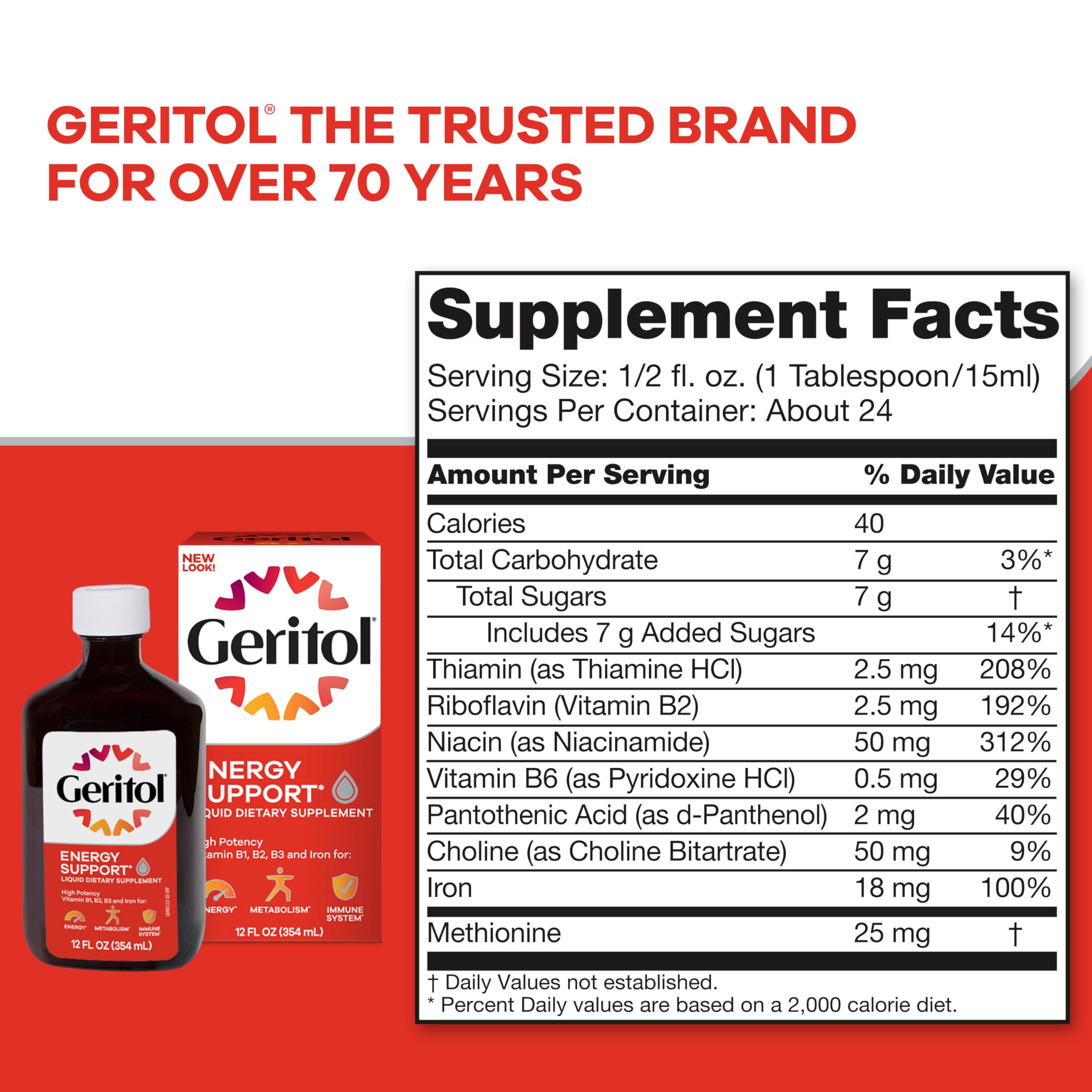 Geritol Liquid Vitamin and Iron Supplement, Energy Support Vitamins, Contains High Potency B-Vitamins and Iron, Easy to Swallow, No Artificial Sweeteners, Non-GMO, 12 Oz (Pack of 3)