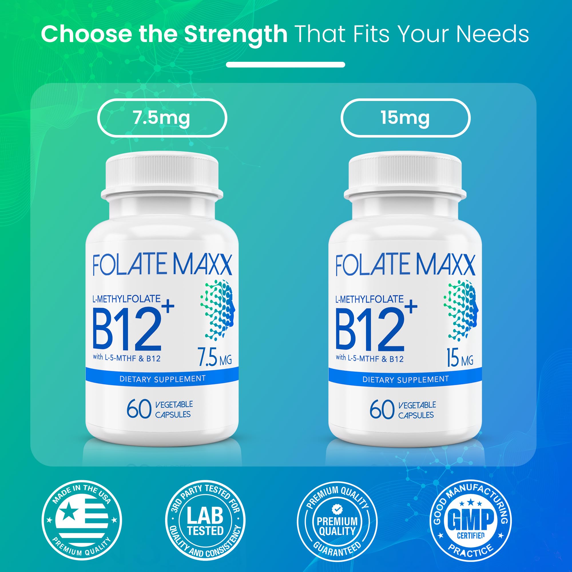 FOLATE MAXX L Methylfolate 7.5mg Plus B12 Methyl - 60 Capsules - 5-MTHF with B12 Methylcobalamin Supplement for Mood, Methylation and Cognition - Bioactive Forms of Vitamin B9 & B12-2 Month Supply