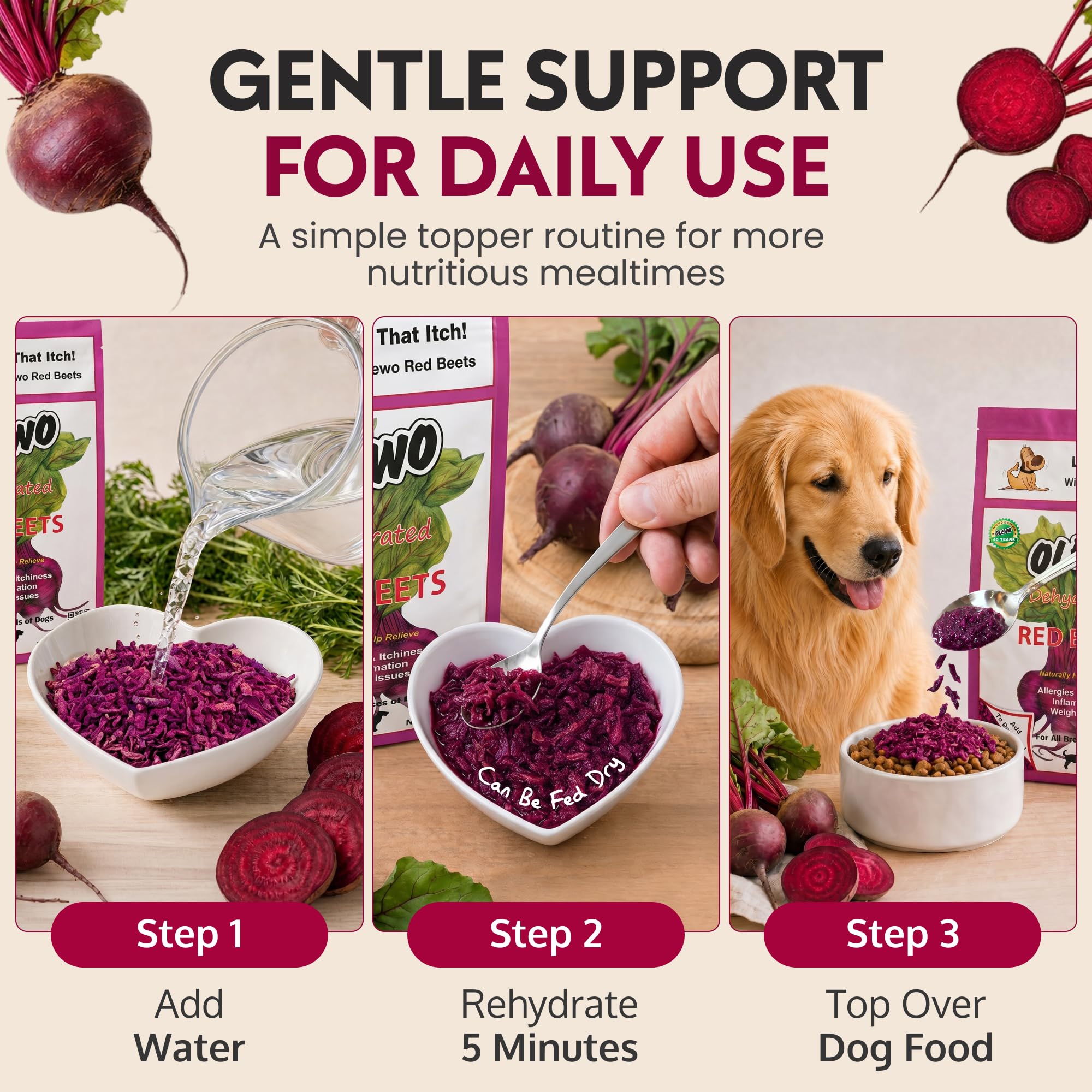 Olewo Original Red Beets for Dogs – Internal Support Dog Food Topper for Skin Sensitivity and Overall Balance, Prebiotic Fiber and Whole Food Nutrients, 5.5 lbs