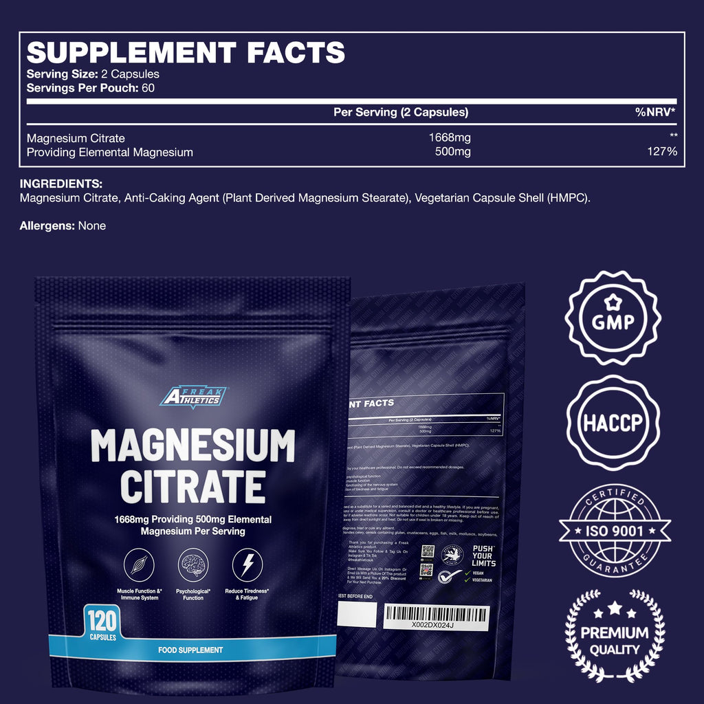 Freak Athletics Magnesium Citrate 500mg - 120 Capsules, 60 Servings,UK Made