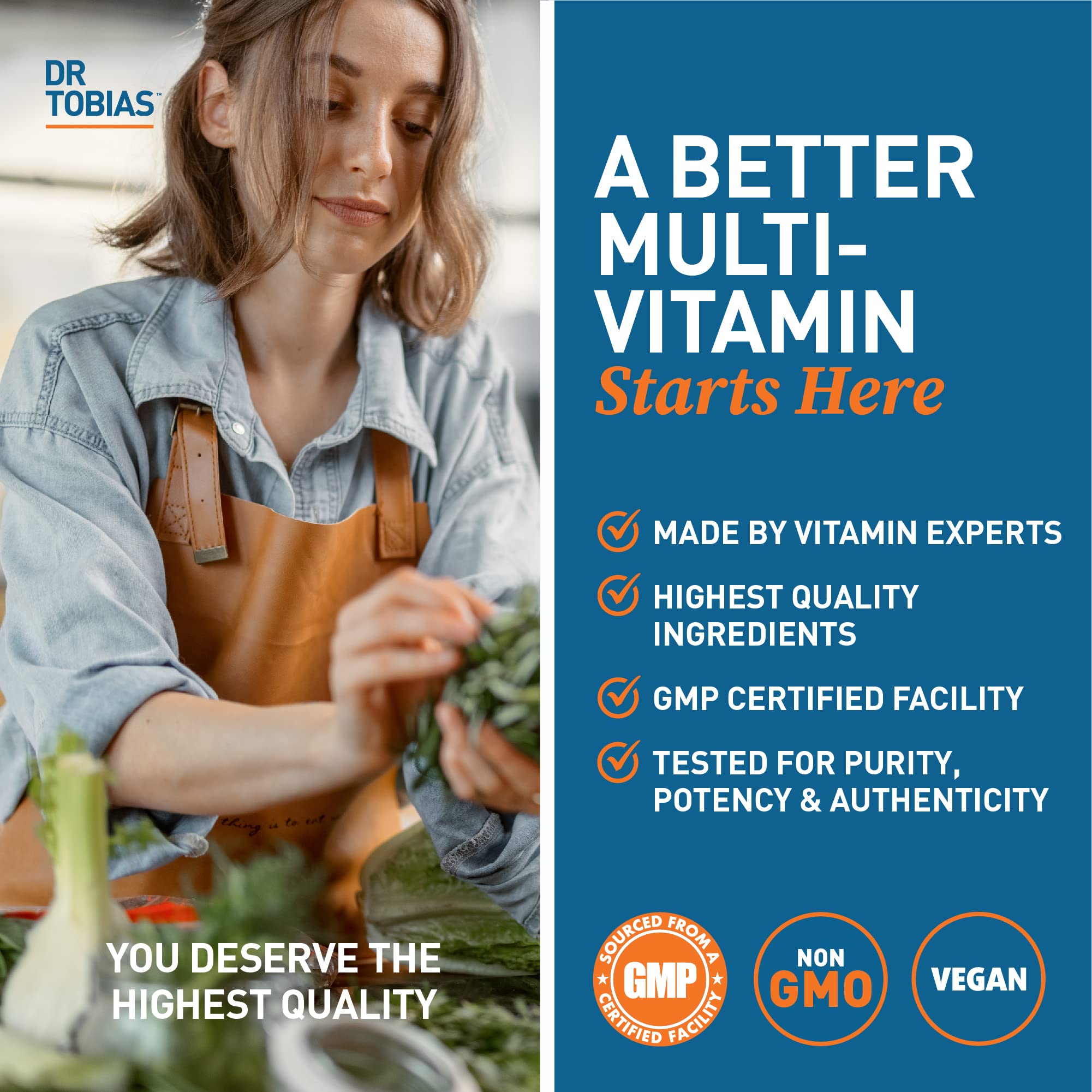 Dr. Tobias Adult Multivitamin for Women & Men, Immune Supporting Vitamins from 42 Fruits, Vegetables, Plus Probiotics, Vegan Multivitamins for Men & Women, Non-GMO, 180 Tablets, 60 Servings