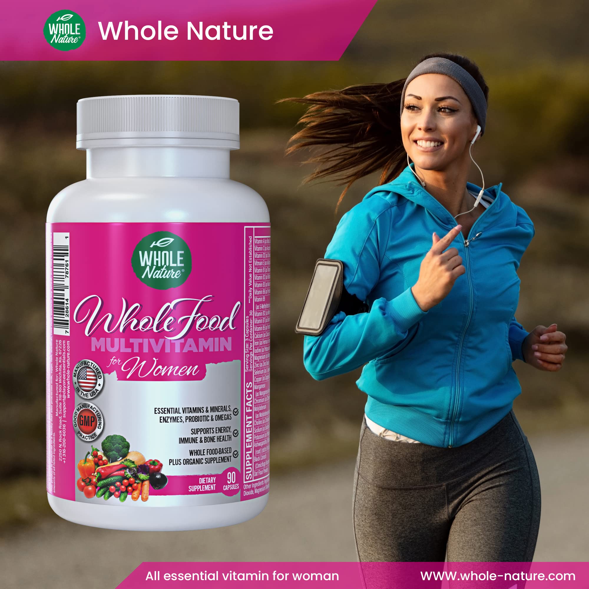 Whole Nature Whole Food Multivitamin for Women Womens Multi Vitamin with Folate, B12 Methyl, Vitamins, Minerals, Probiotics and Omegas, Vegan, Non GMO- 90 Capsules (1) (1)