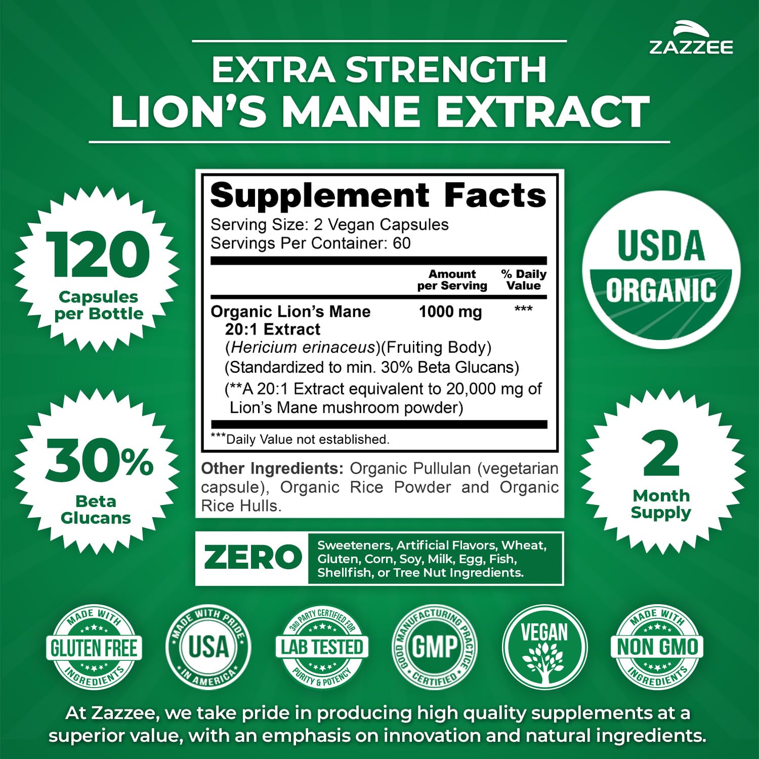 Zazzee USDA Organic Lion's Mane 20:1 Extract, 1000 mg Per Serving, 30% Beta Glucans, 120 Vegan Capsules, Nootropic for Brain Health, Focus, Memory & Immune Support, All-Natural, Non-GMO, Made in USA