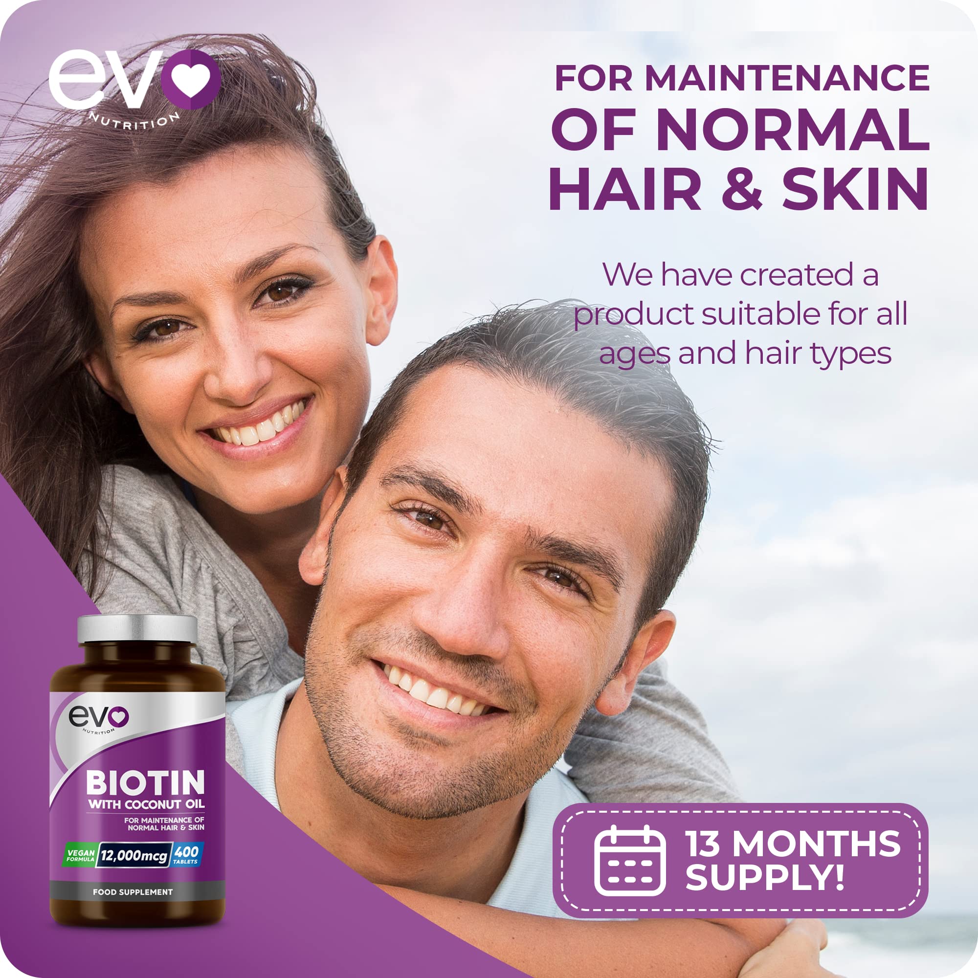 EVO Nutrition Biotin Hair Growth 12,000mcg with Coconut Oil, 400 Tablets