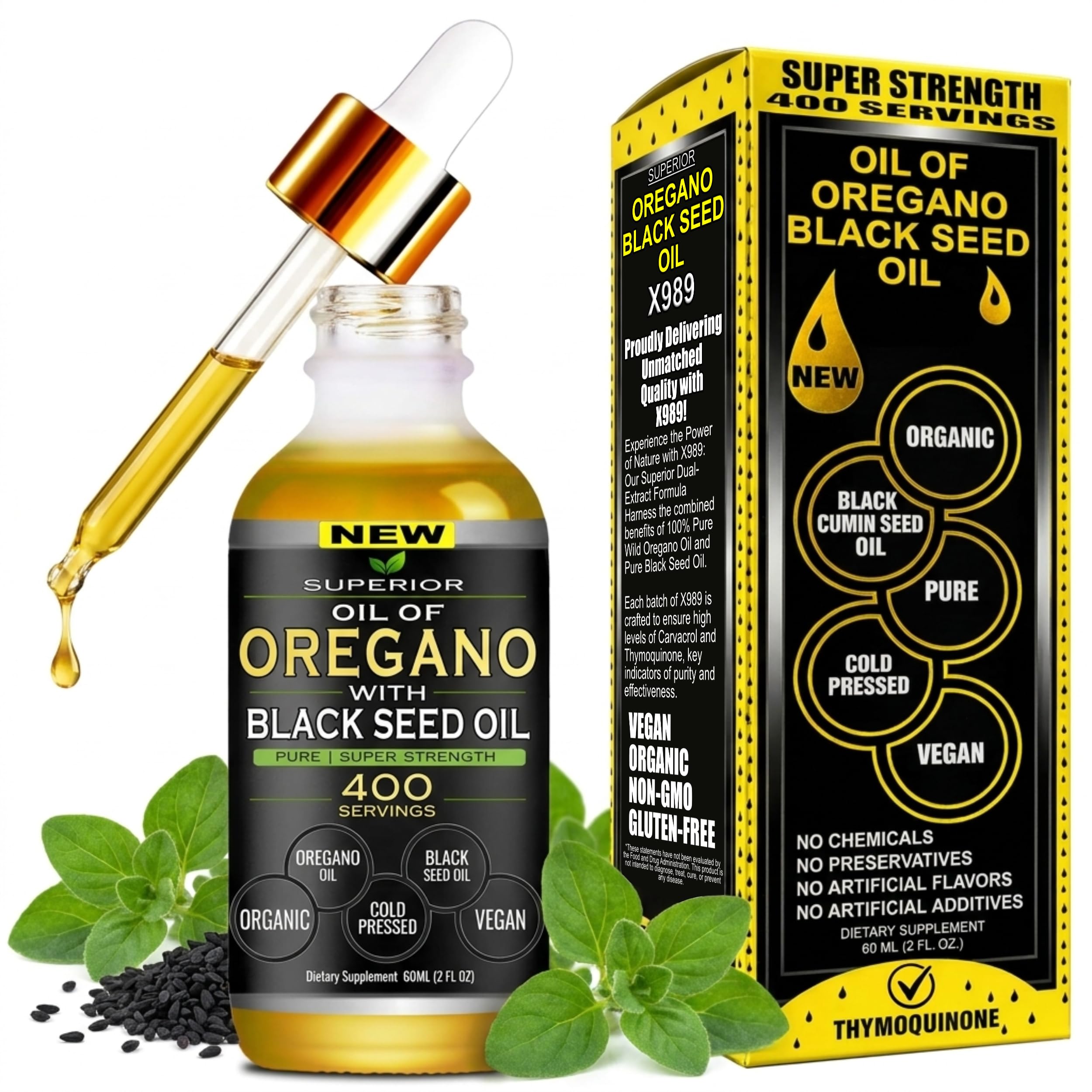 Oil Of Oregano With Black Seed Oil - 400 Servings, 2 in 1 Wild Organic Oregano Oil with Black Seed Oil for Immune & Digestive Support – Non-GMO, Gluten-Free Drops – Herbal Wellness Supplement